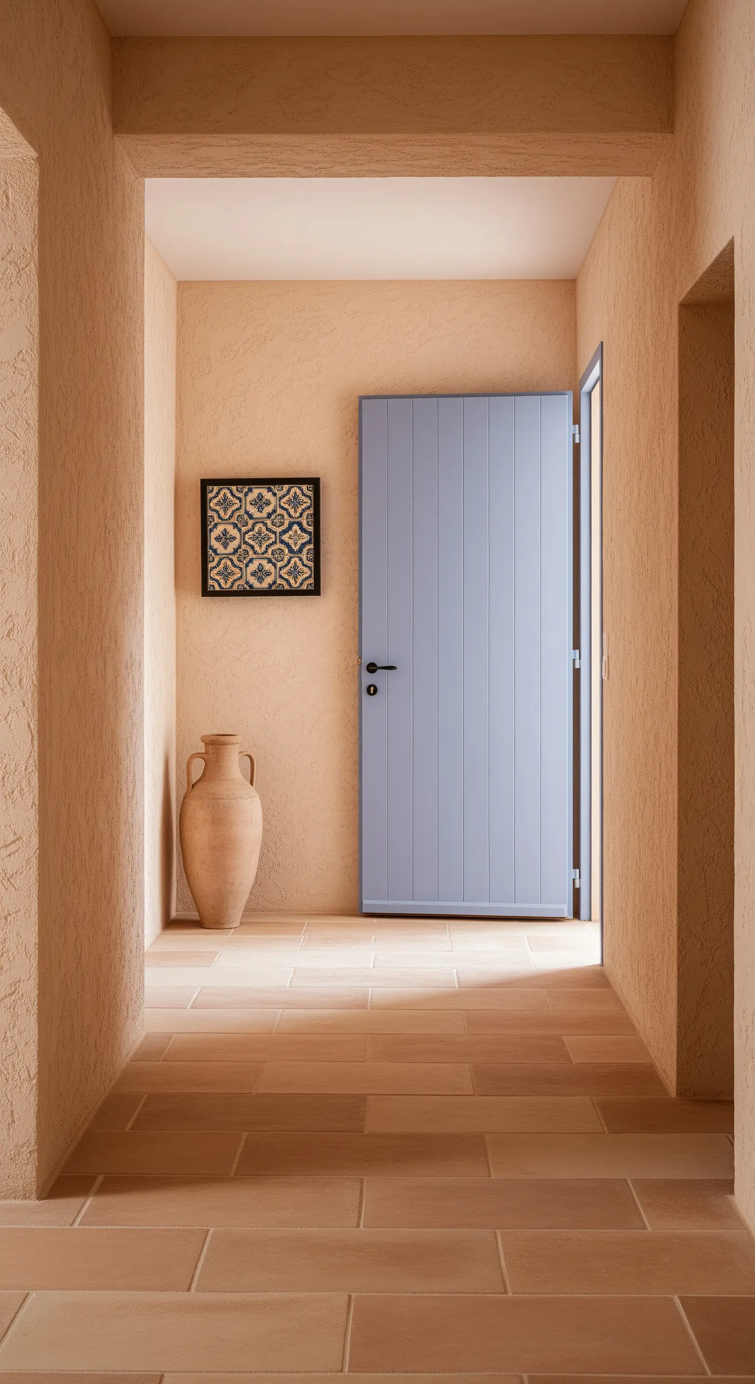 Corridoio con pareti color sabbia, porta azzurra e una piastrella decorativa incorniciata.