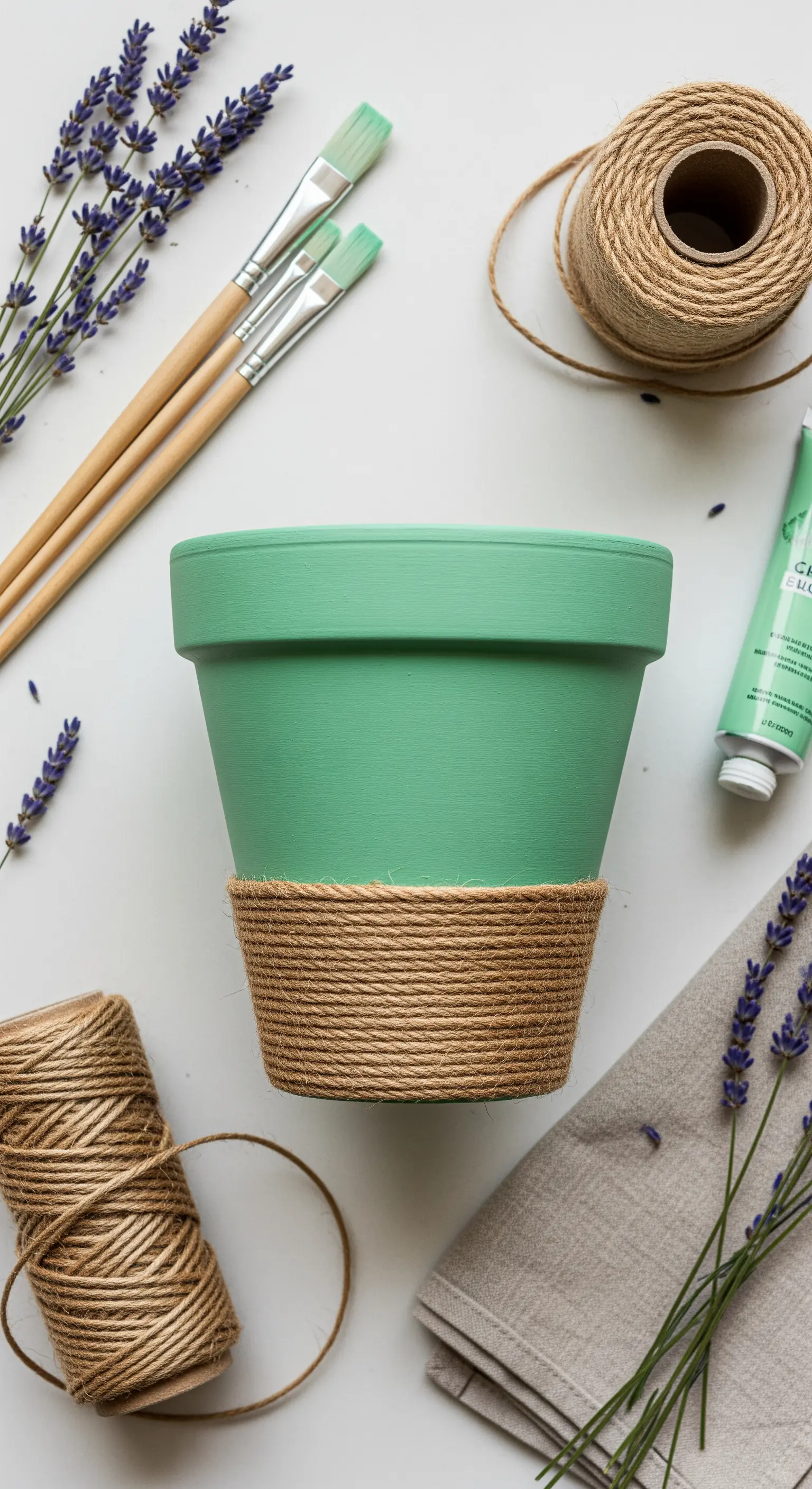 Vaso da fiori color menta con una base avvolta in corda di iuta, accanto a lavanda.