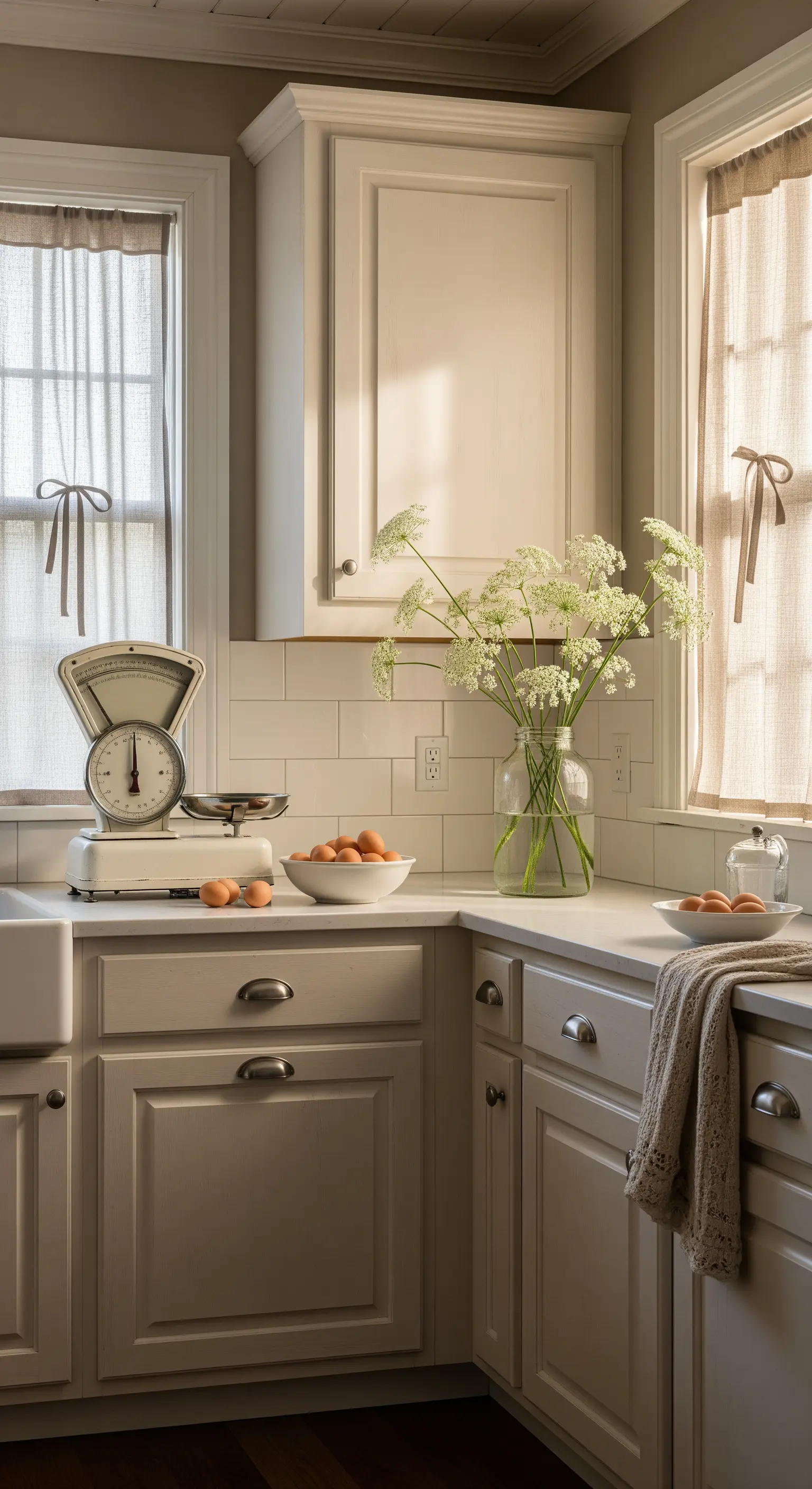 Angolo di una cucina shabby color greige con tende leggere a fiocco.