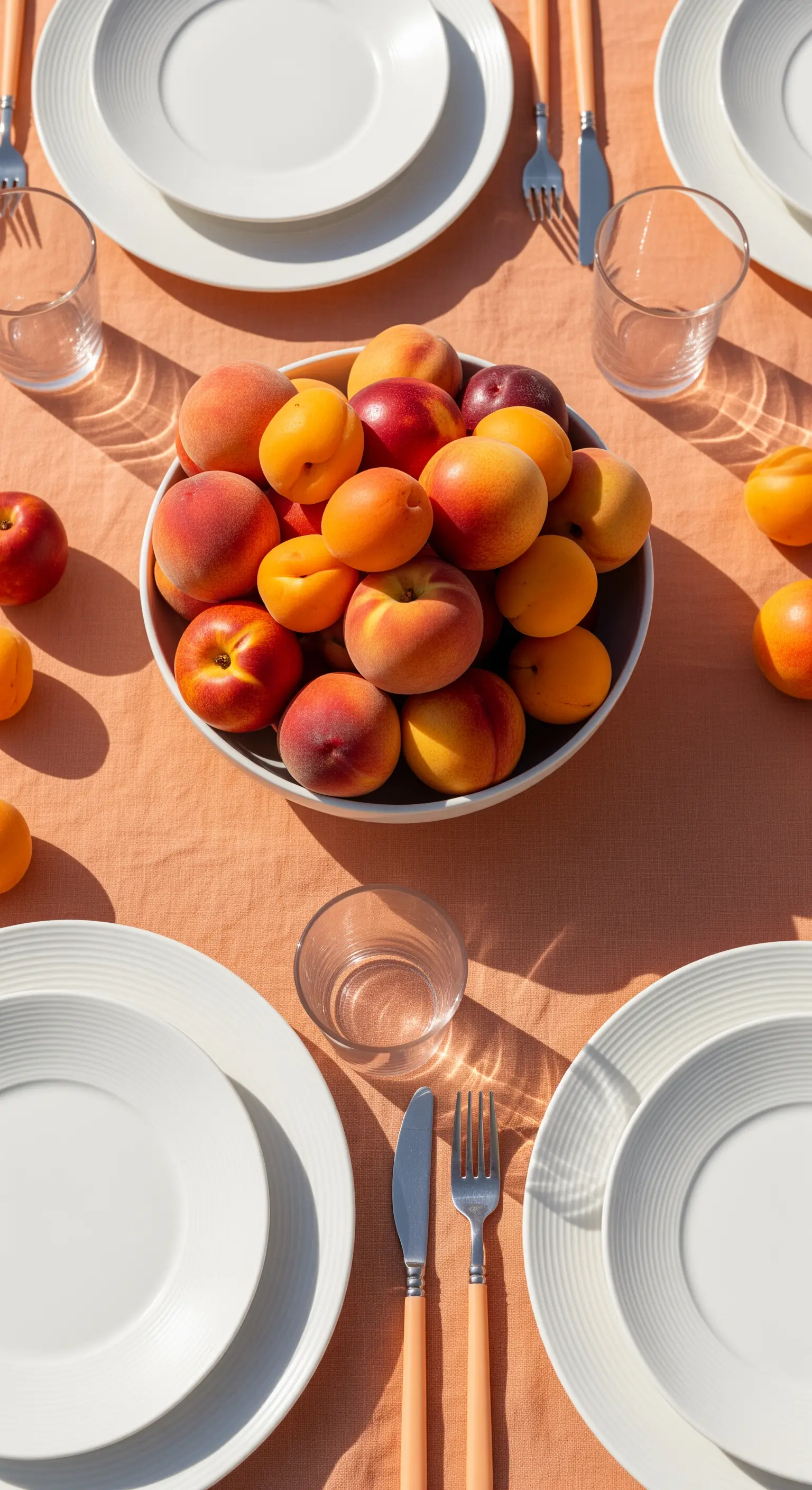 Tavola monocromatica color pesca con ciotola di pesche e albicocche.