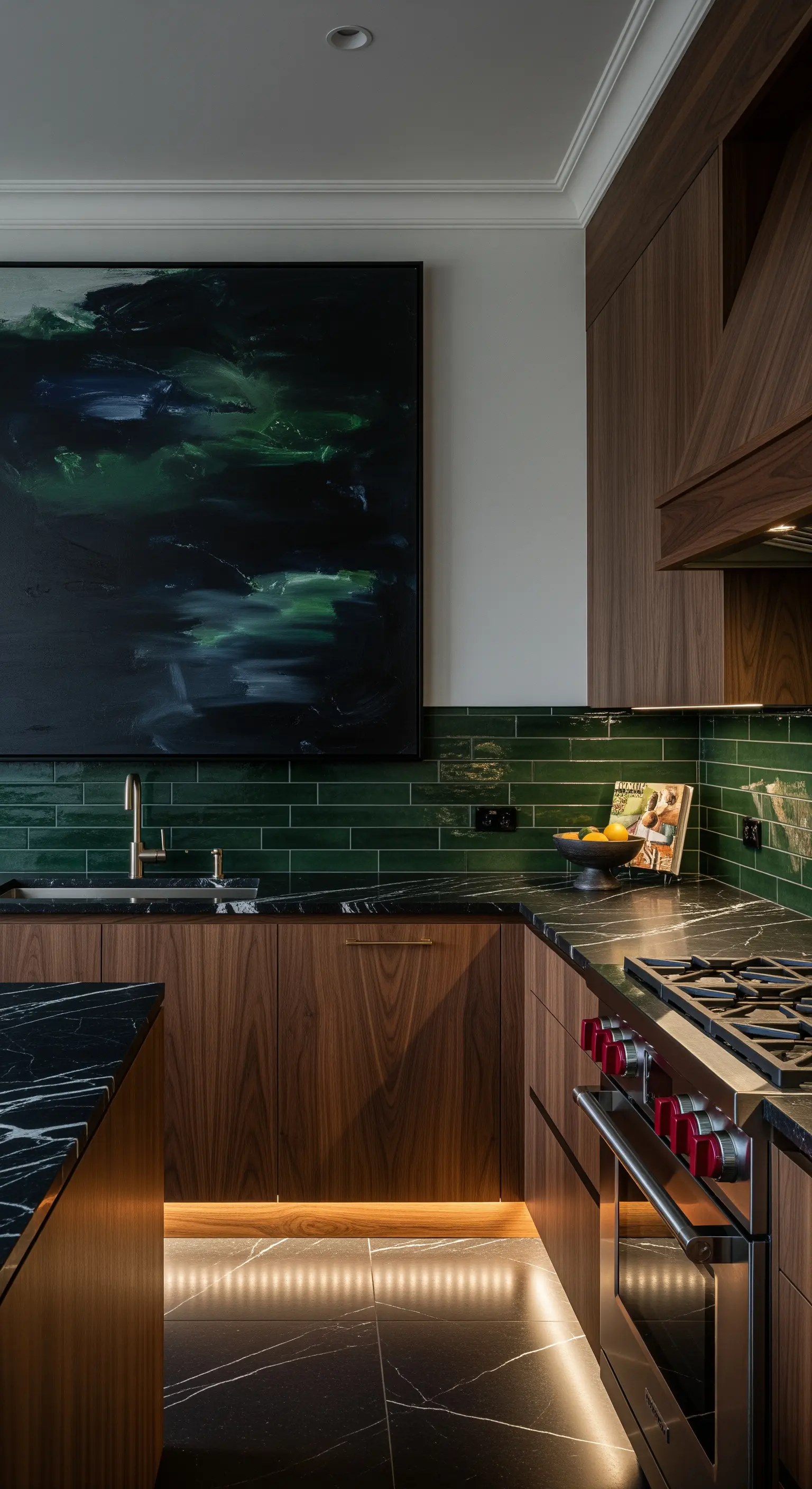 Cucina con mobili in noce, piastrelle verde scuro lucide e un quadro astratto scuro.