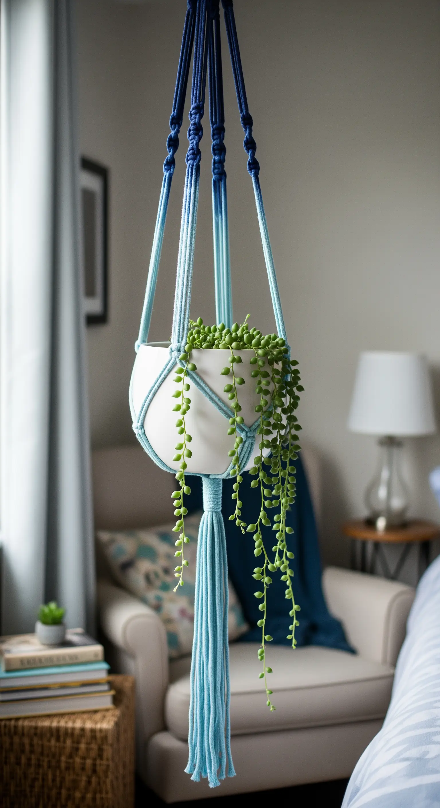 Portavasi in macramè con effetto ombré dal blu scuro al celeste, con pianta grassa a cascata.