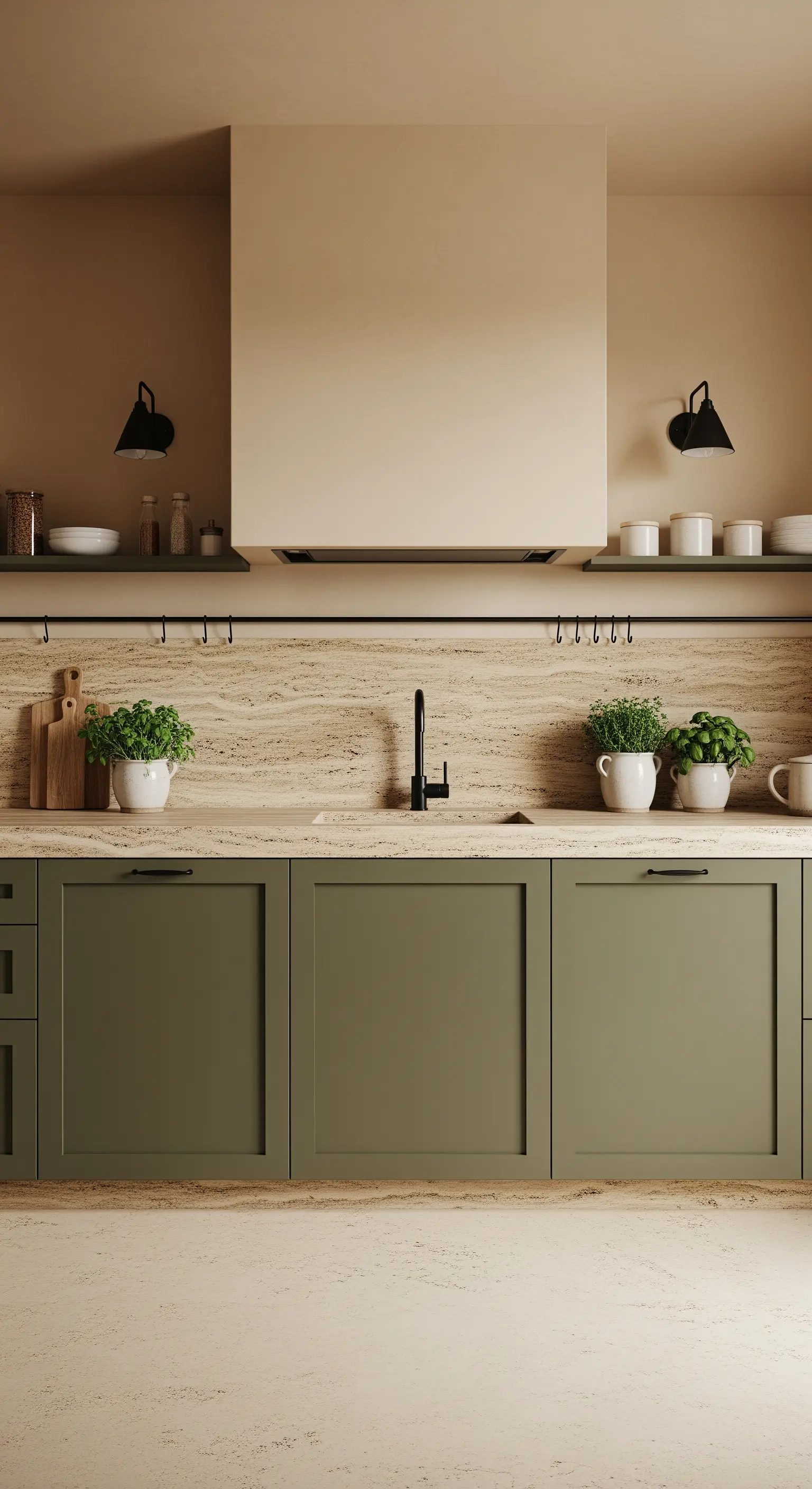 Cucina verde oliva con paraschizzi in travertino e pareti color sabbia.