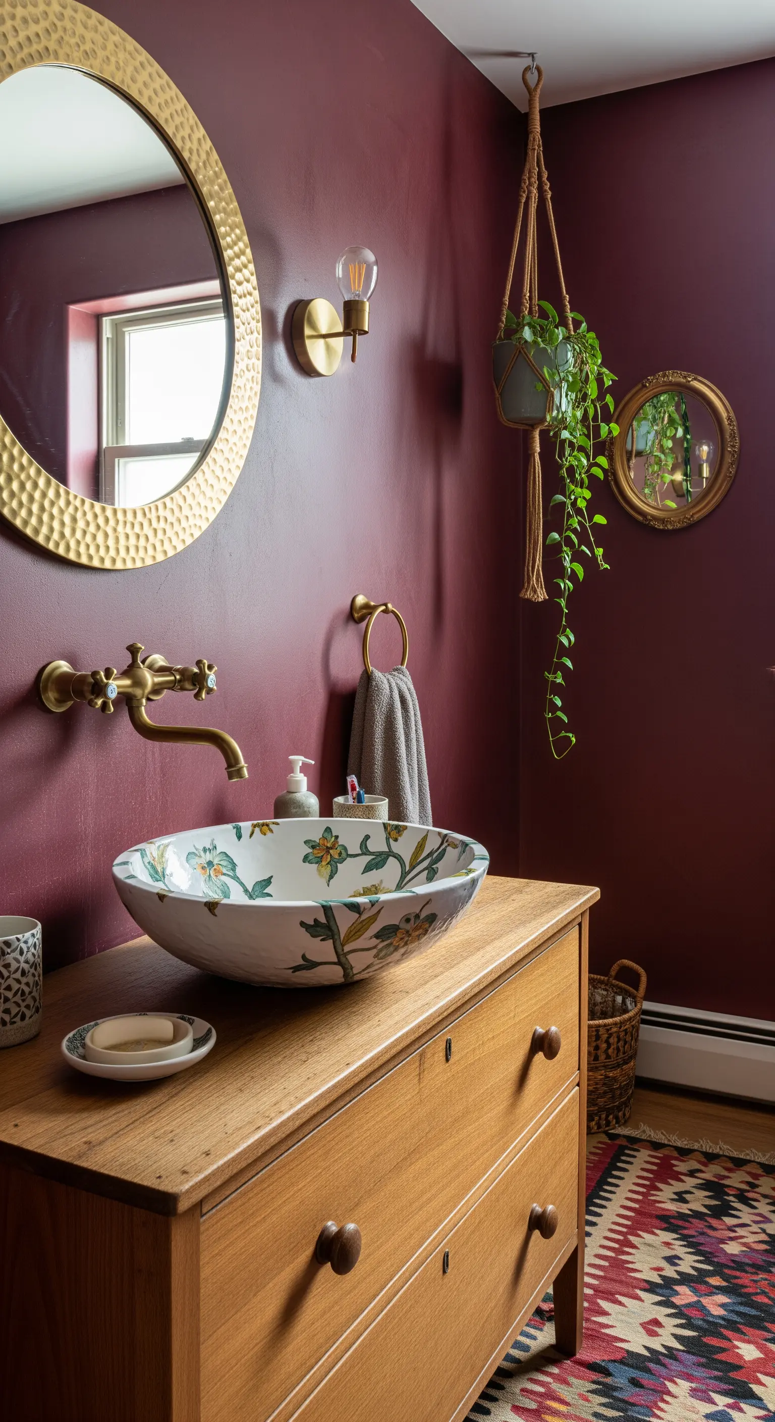 Bagno con pareti color borgogna, mobile in legno e lavabo a ciotola decorato.