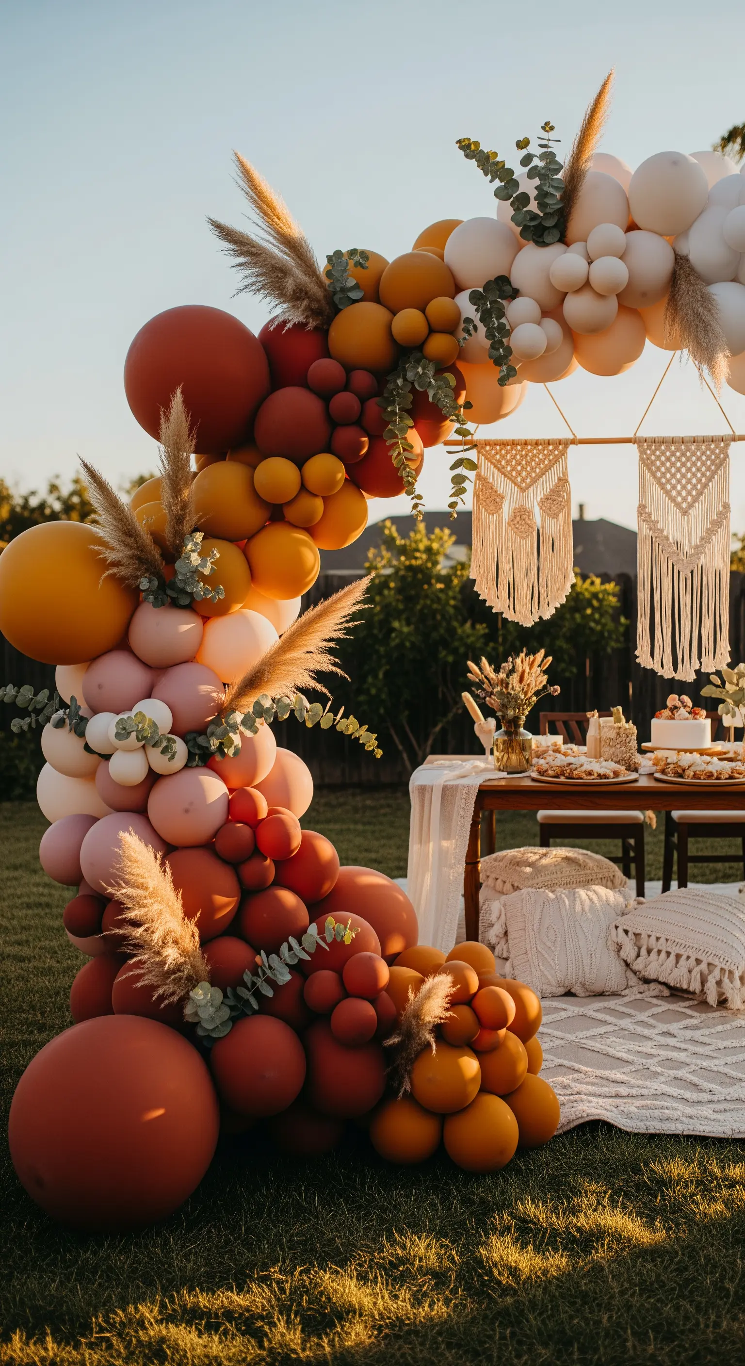 Arco di palloncini boho-chic nei toni della terra con pampas e decorazioni in macramè.