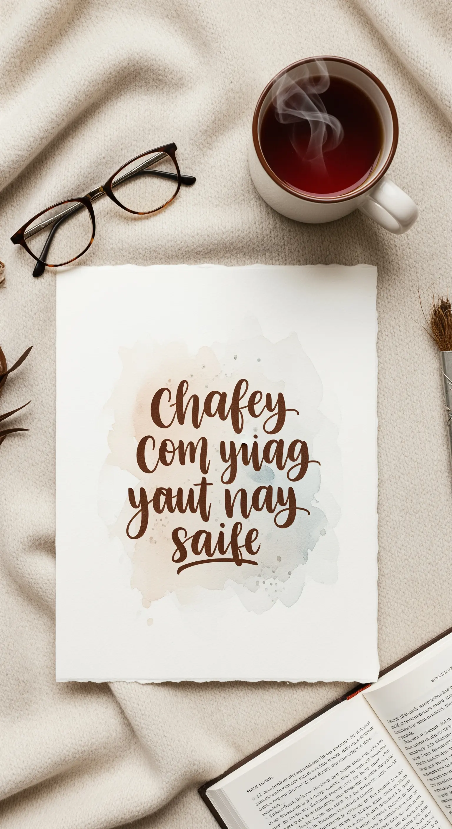 Quadro con calligrafia marrone su sfondo acquerello beige e grigio, accanto a una tazza di tè.