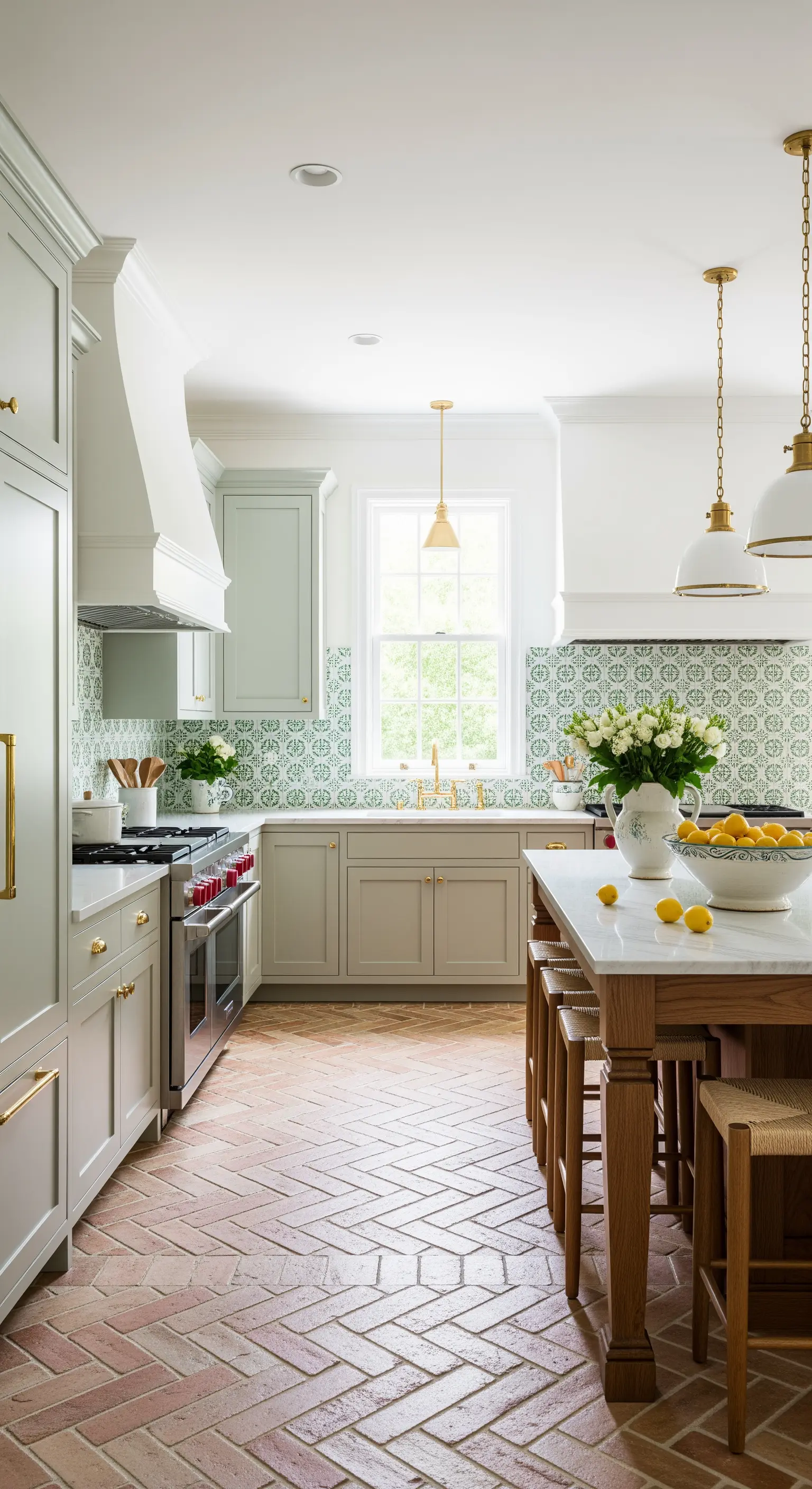 Cucina elegante con piastrelle verdi, mobili grigio-verdi e pavimento in cotto a spina di pesce.