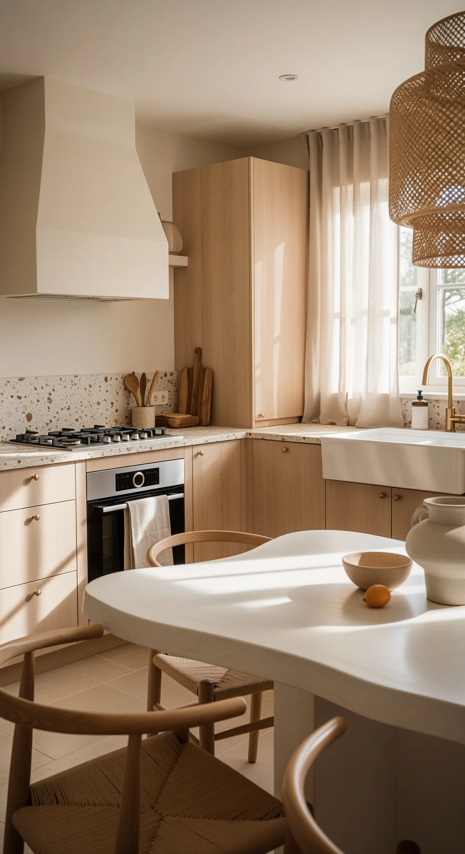 Cucina in legno chiaro con tende in lino beige e paraschizzi in terrazzo.