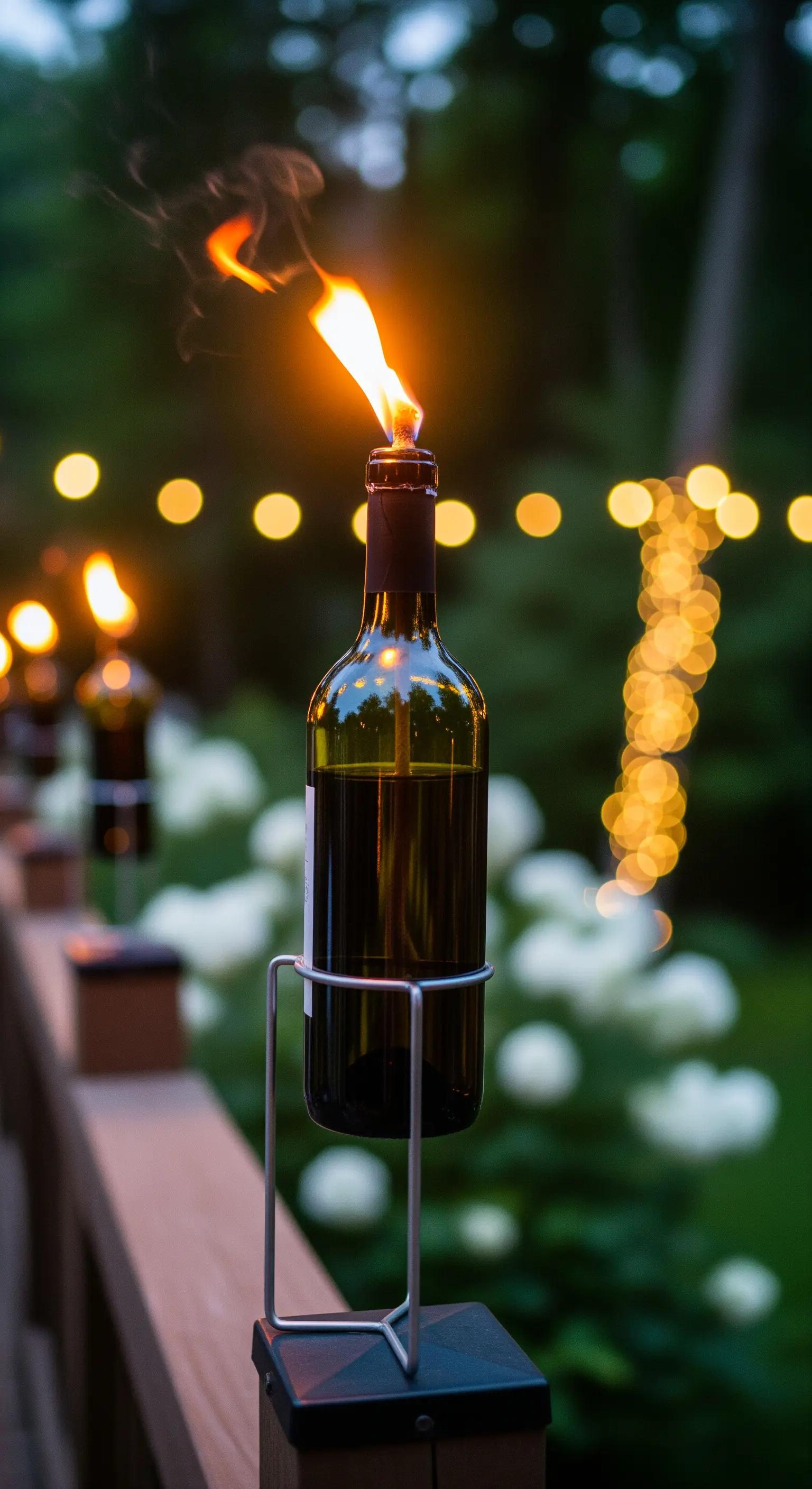 Bottiglia di vino trasformata in torcia tiki, con fiamma accesa, su una balaustra esterna.