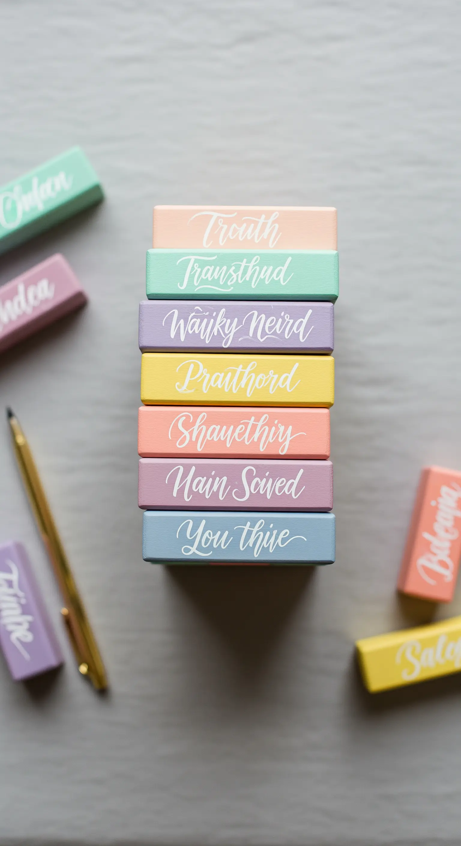 Torre di blocchi Jenga color pastello con scritte calligrafiche per un gioco personalizzato