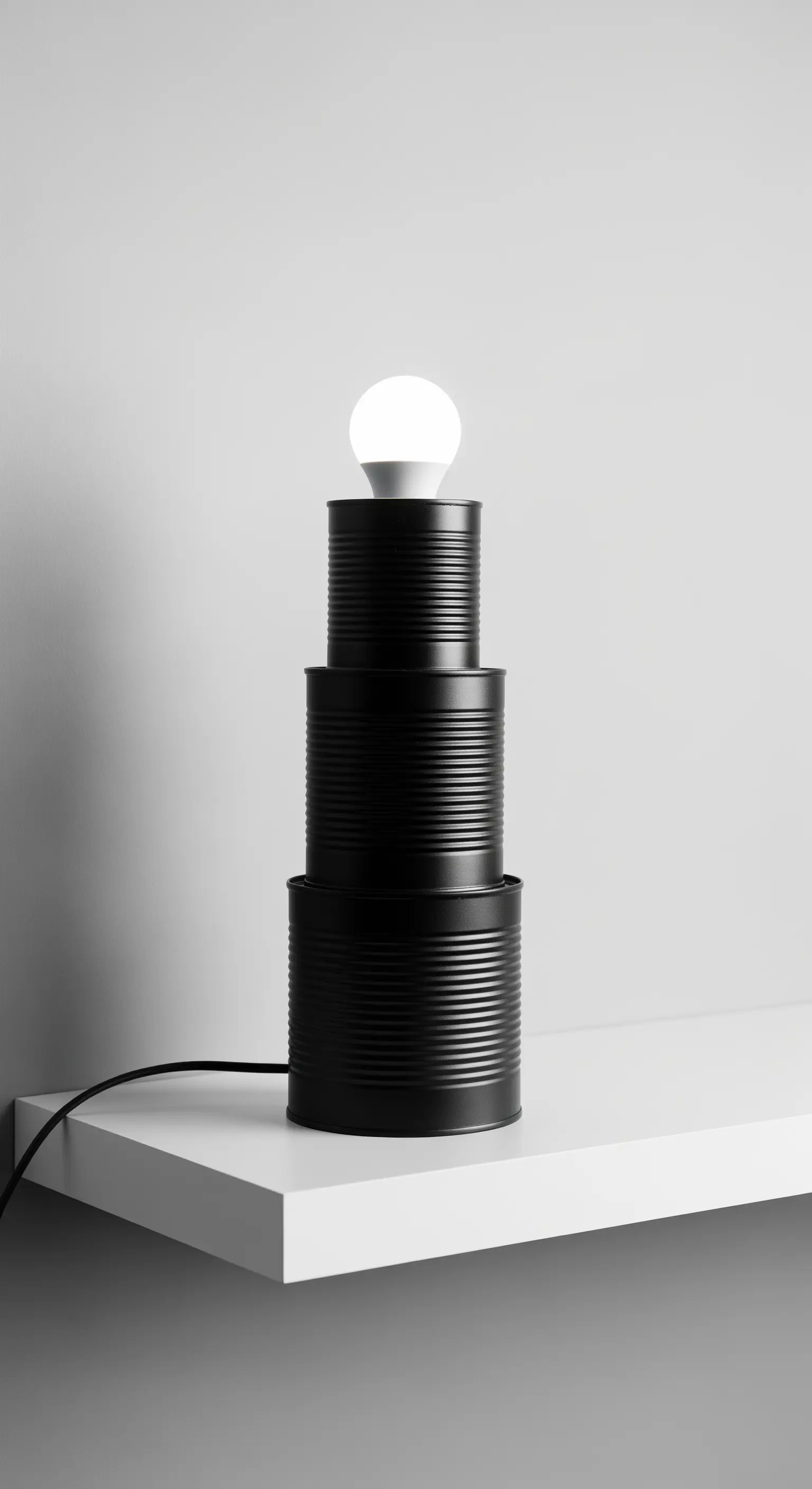 Lampada minimalista creata con tre barattoli di latta di diverse dimensioni impilati e verniciati di nero.
