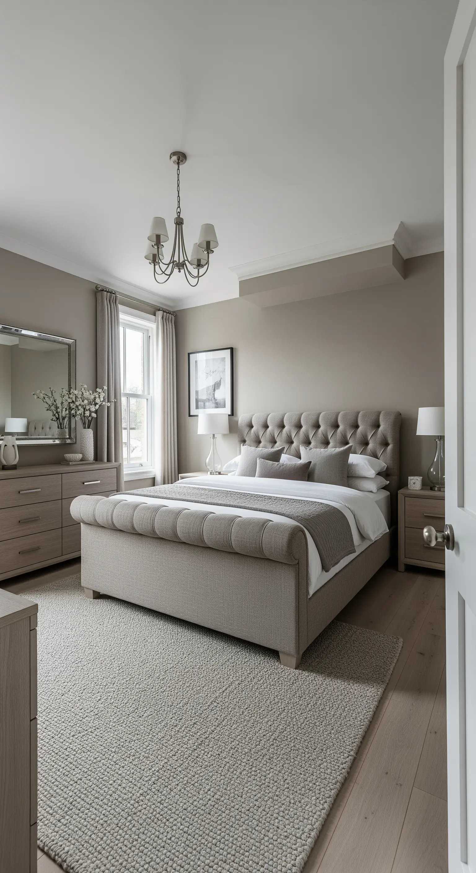 Camera da letto color tortora con letto imbottito in stile chesterfield e arredi coordinati.