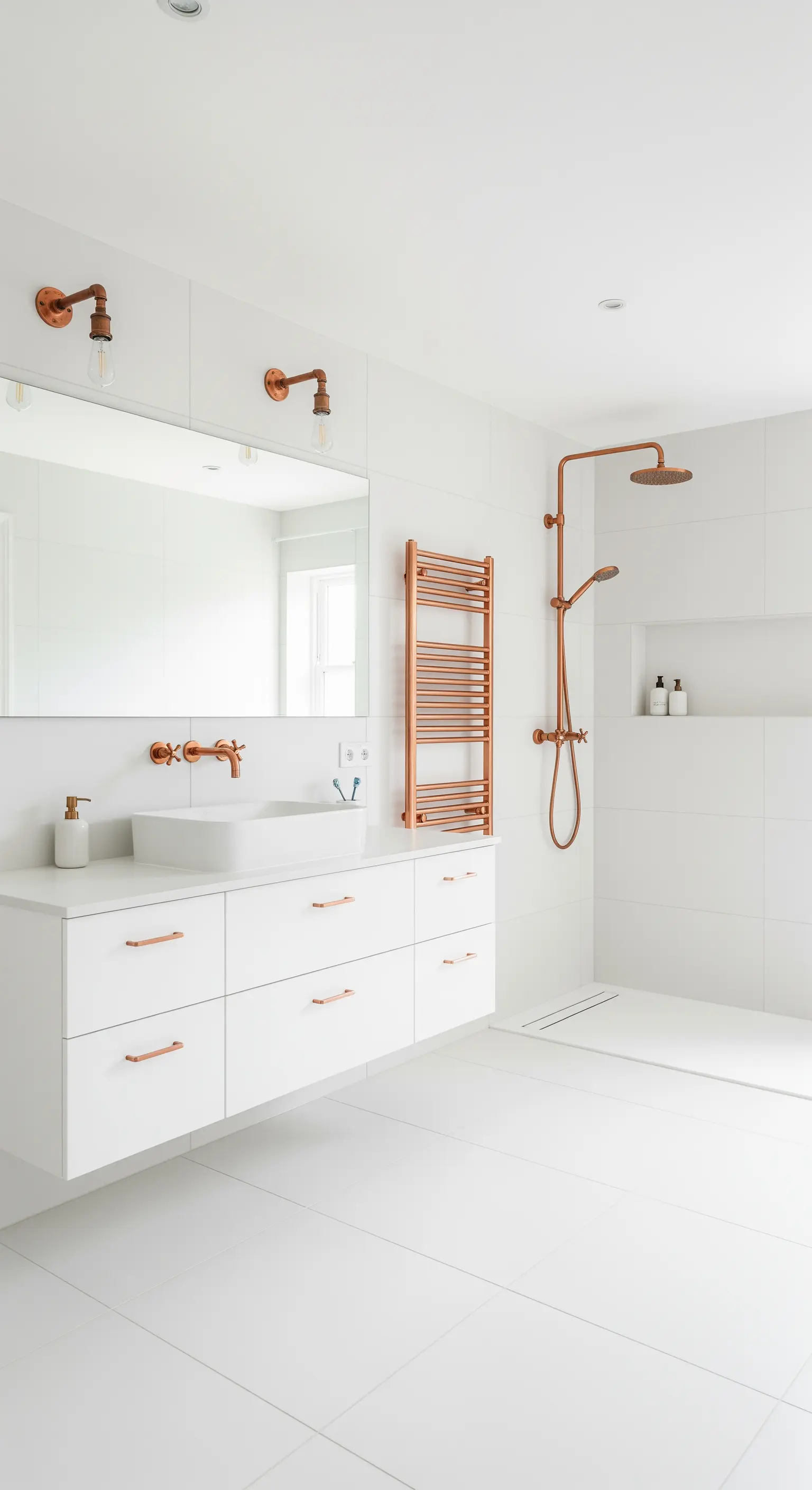 Bagno total white con rubinetteria, termoarredo e maniglie in rame.