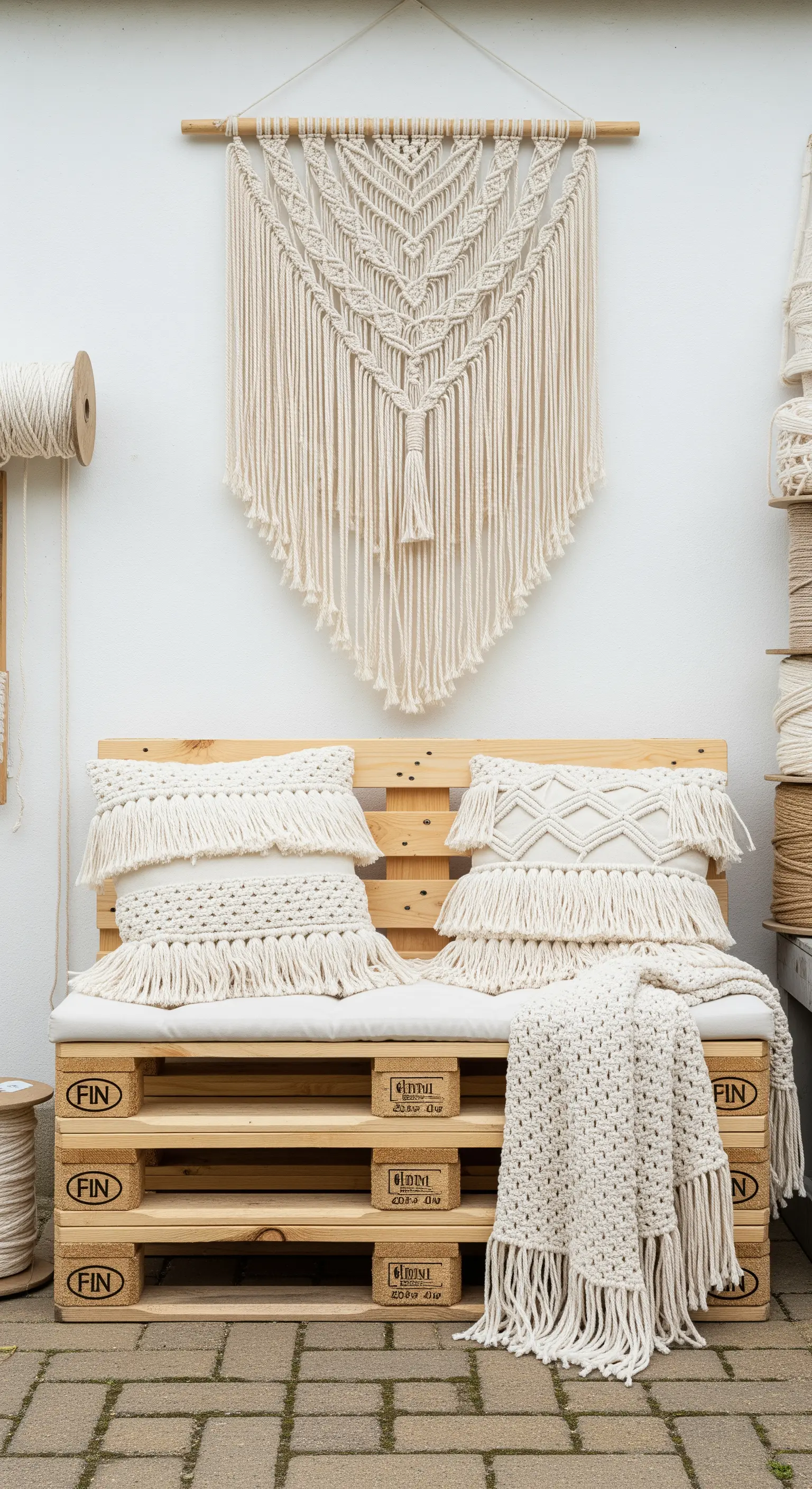 Panchina in pallet con cuscini e coperta in macramè bianco e un arazzo appeso alla parete