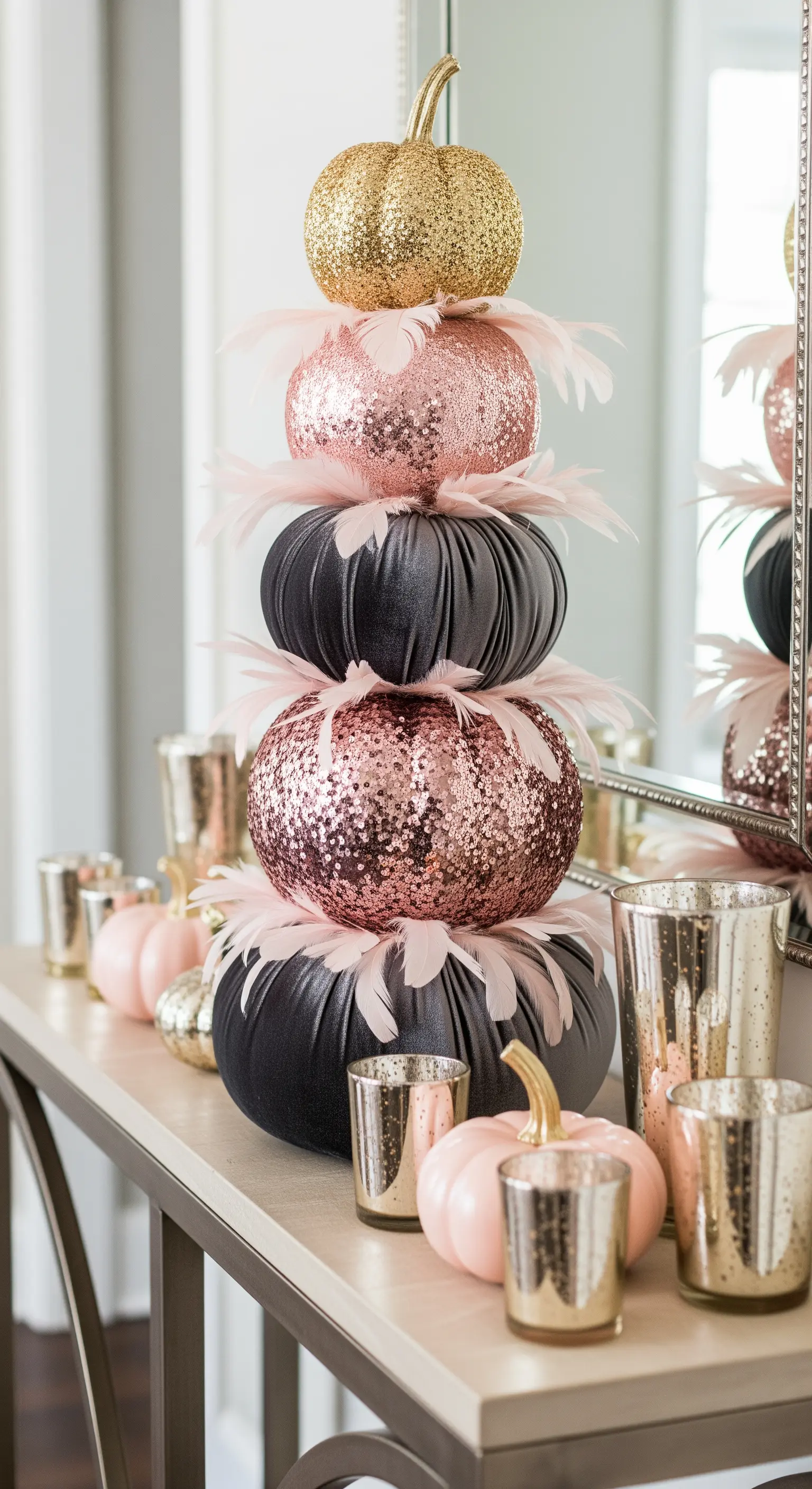 Torre di zucche impilate in rosa, nero e oro con paillettes, velluto e piume.