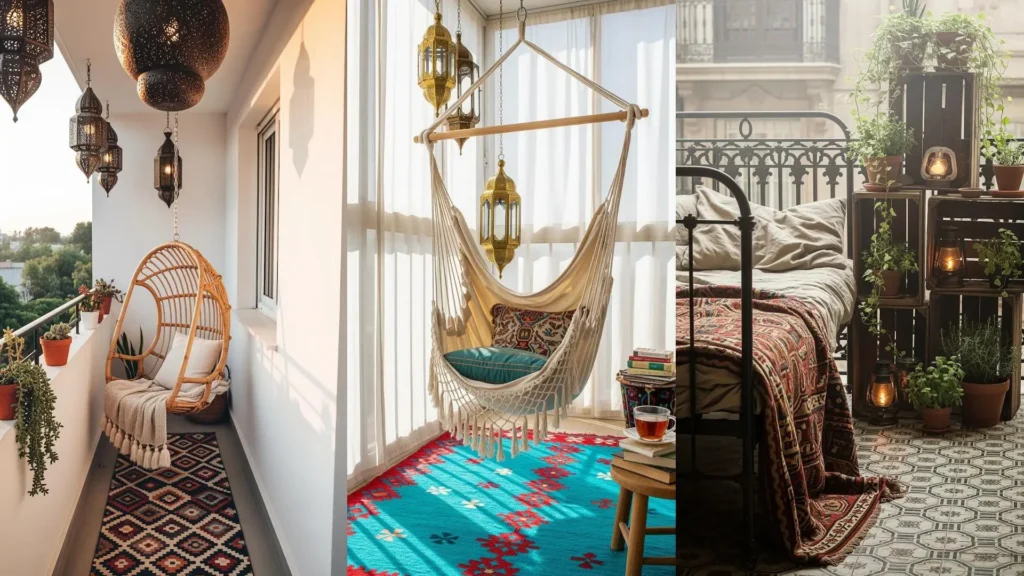 Tre balconi bohemien con kilim colorati, sedute accoglienti e lanterne marocchine scintillanti per un'atmosfera magica.