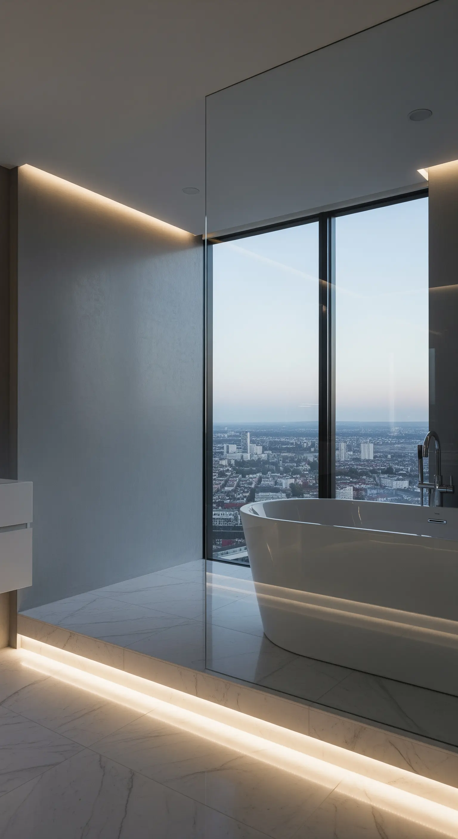 Bagno moderno con vasca freestanding e strisce LED integrate nel pavimento e soffitto.
