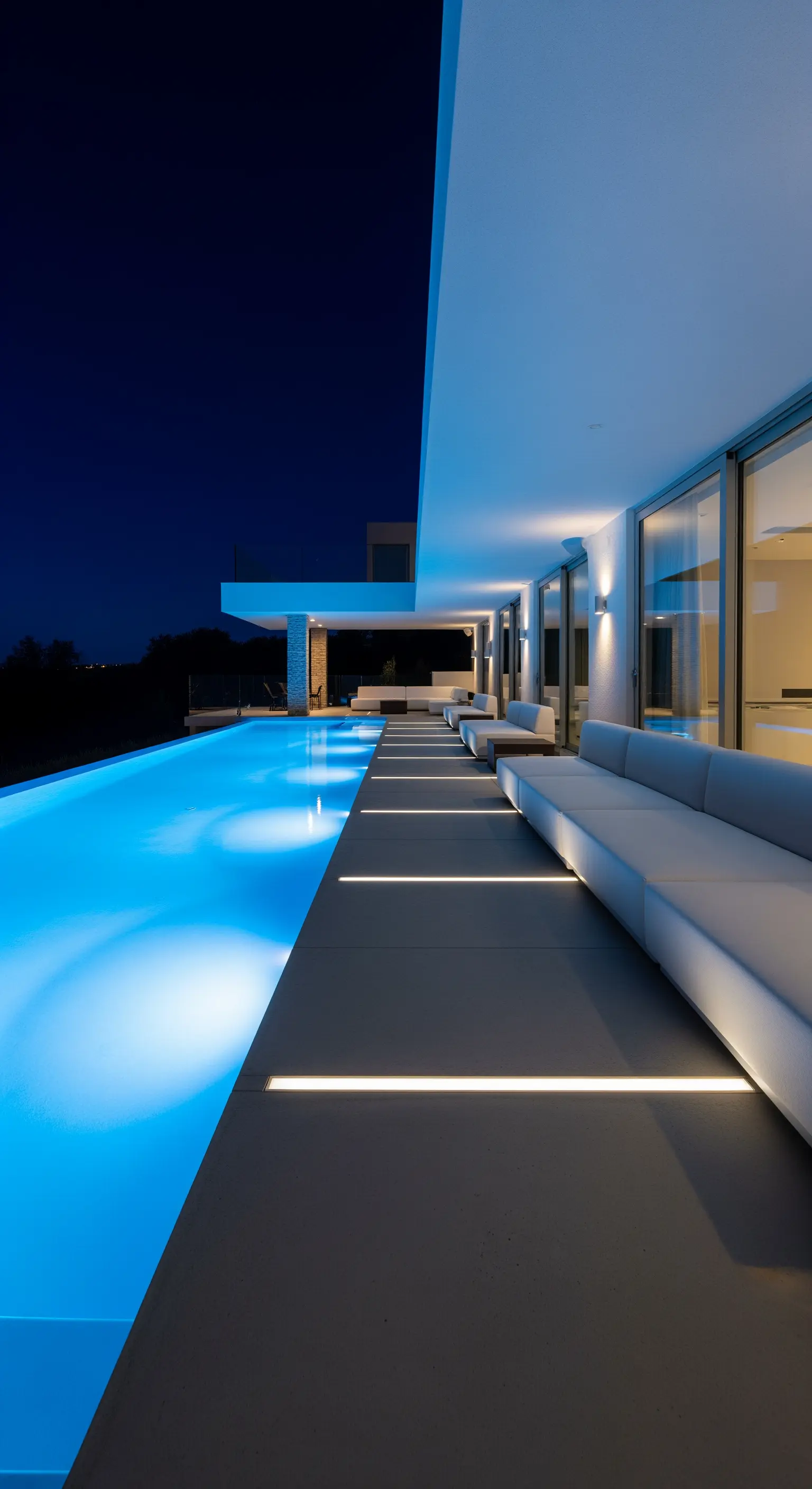 Bordo piscina minimalista con un lungo divano bianco e strisce LED incassate nel pavimento in cemento