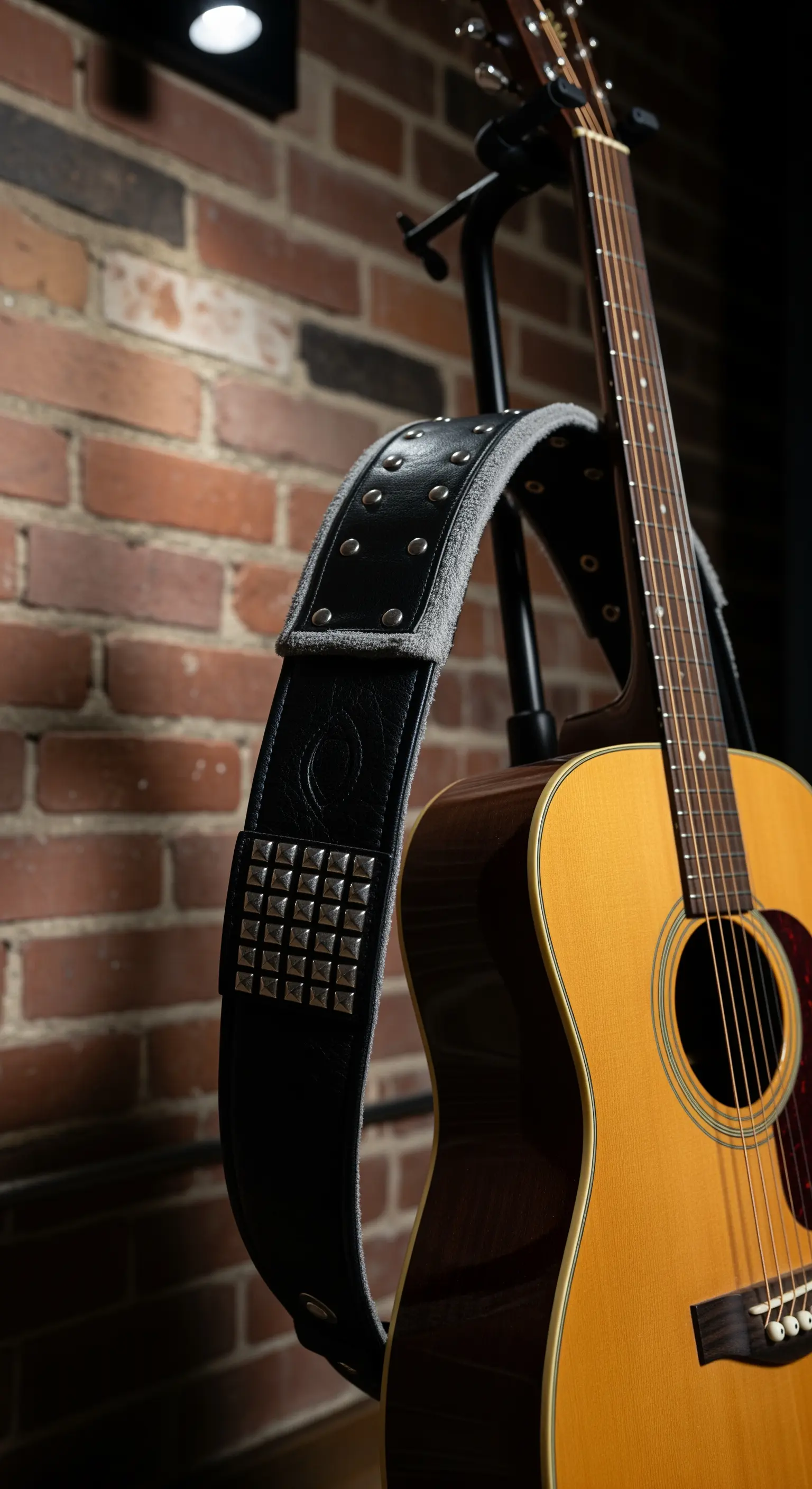 Tracolla per chitarra in pelle nera con borchie quadrate e imbottitura grigia.