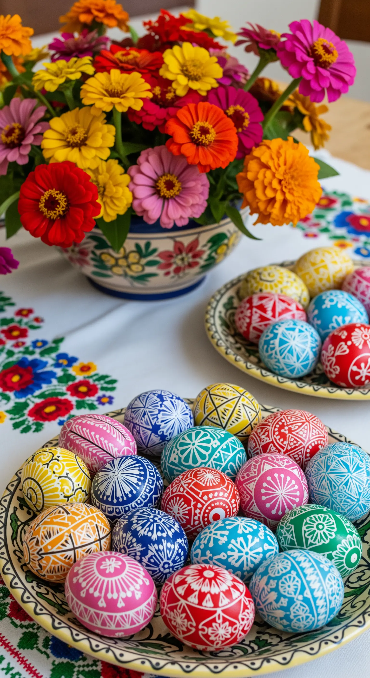 Tavola tradizionale con uova Pysanky finemente decorate, ceramiche folk e fiori colorati.