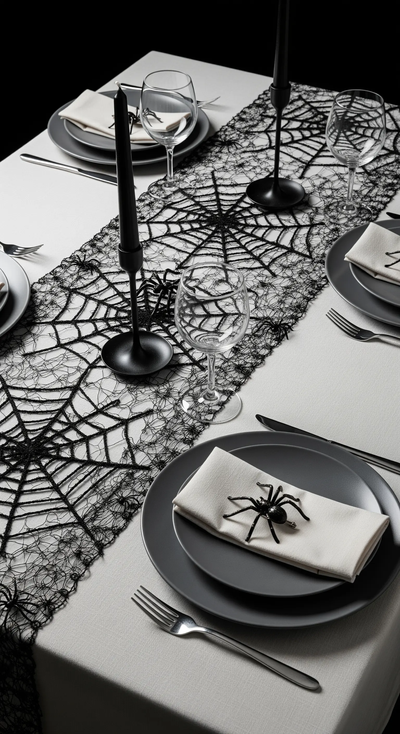 Runner a forma di ragnatela su una tavola bianca, con piatti grigi e ragni decorativi.