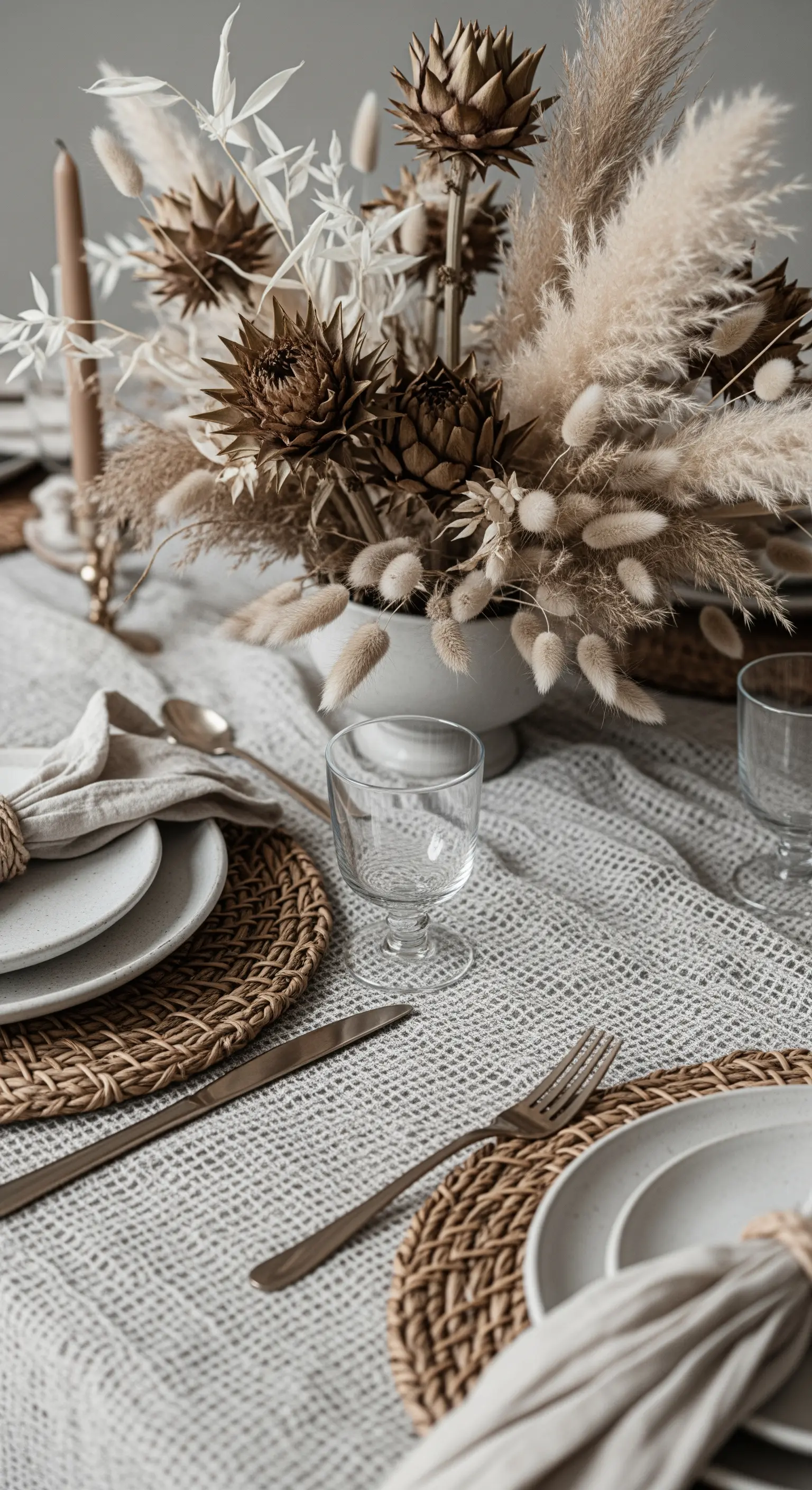 Dettaglio di una tavola con tovaglia in lino, sottopiatti in rattan e fiori secchi.