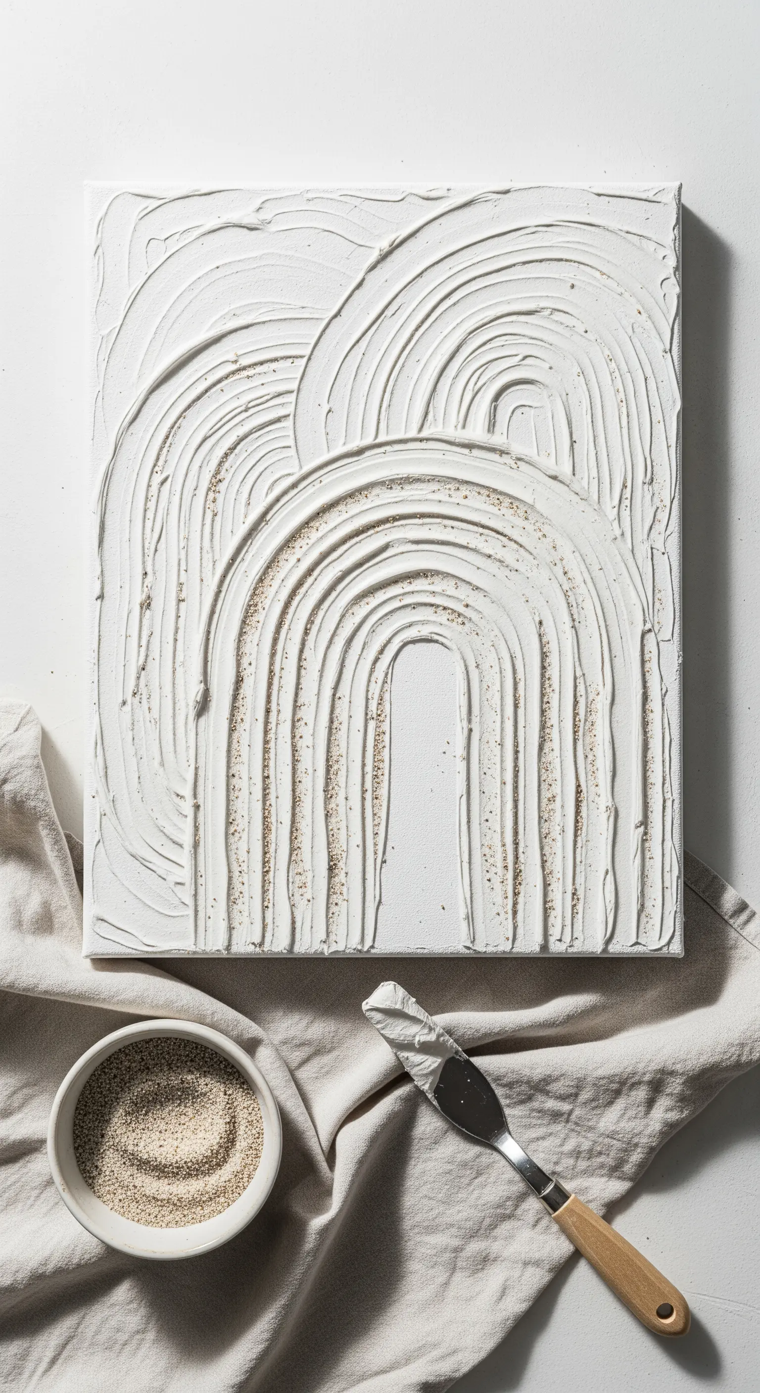 Quadro bianco testurizzato con archi concentrici, arricchito con sabbia per un effetto materico.