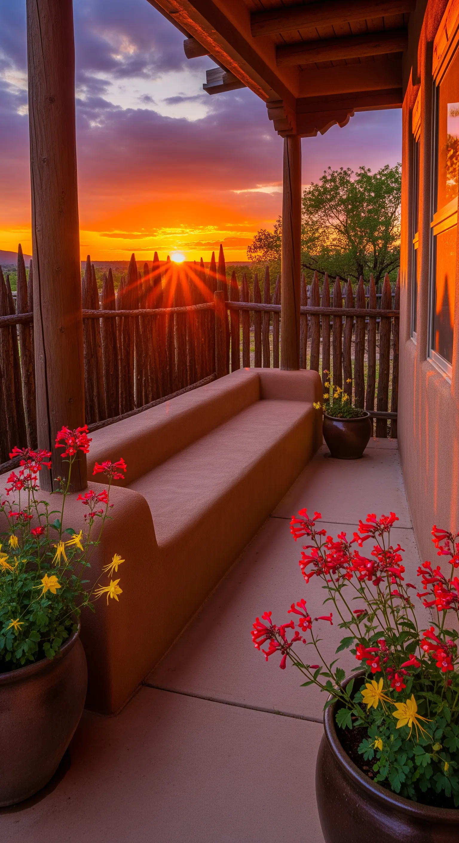 Portico in stile adobe con panca in muratura color terra e fiori rossi al tramonto.