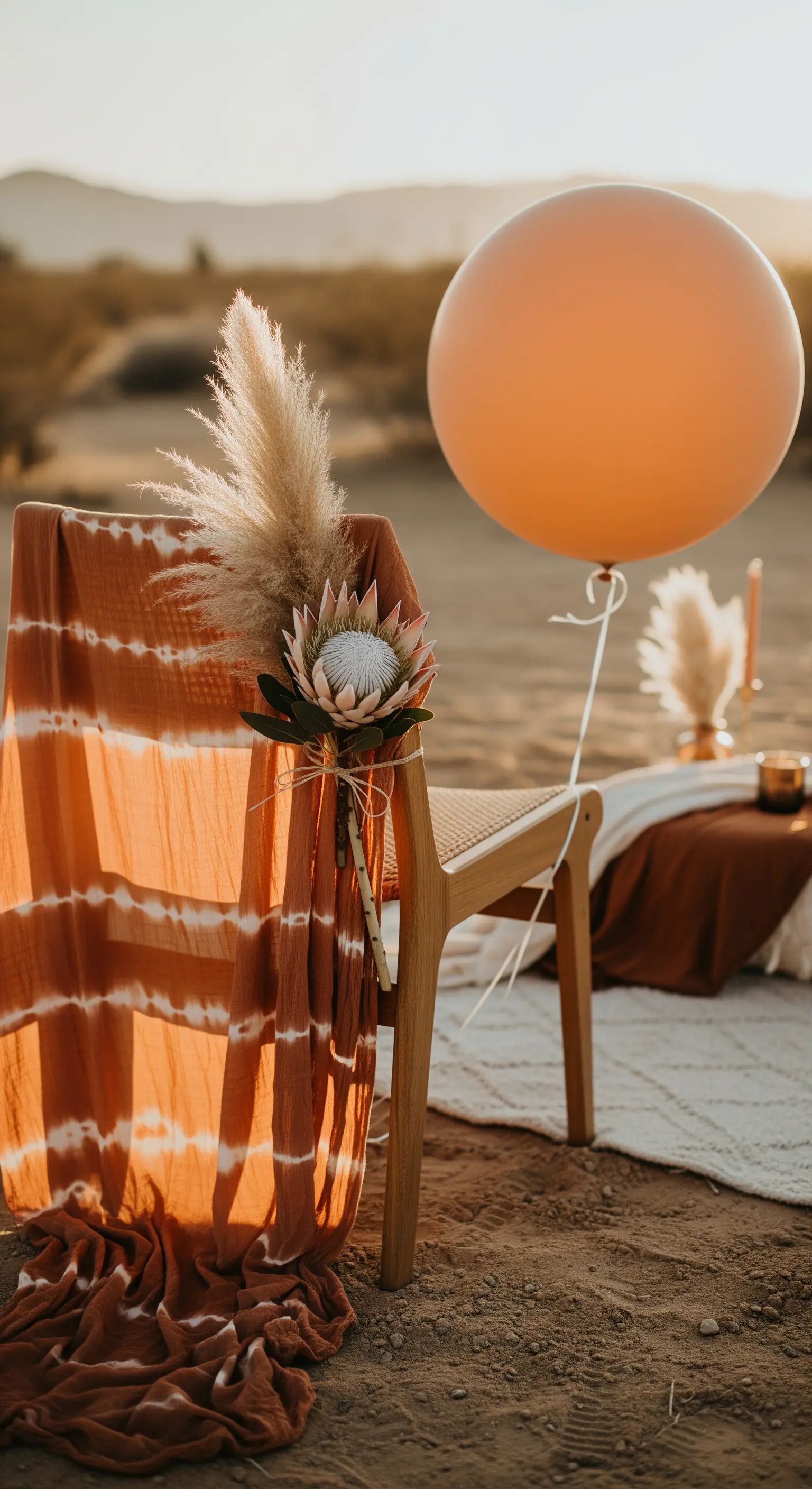 Sedia in legno con telo color terracotta, protea, pampas e palloncino arancione.