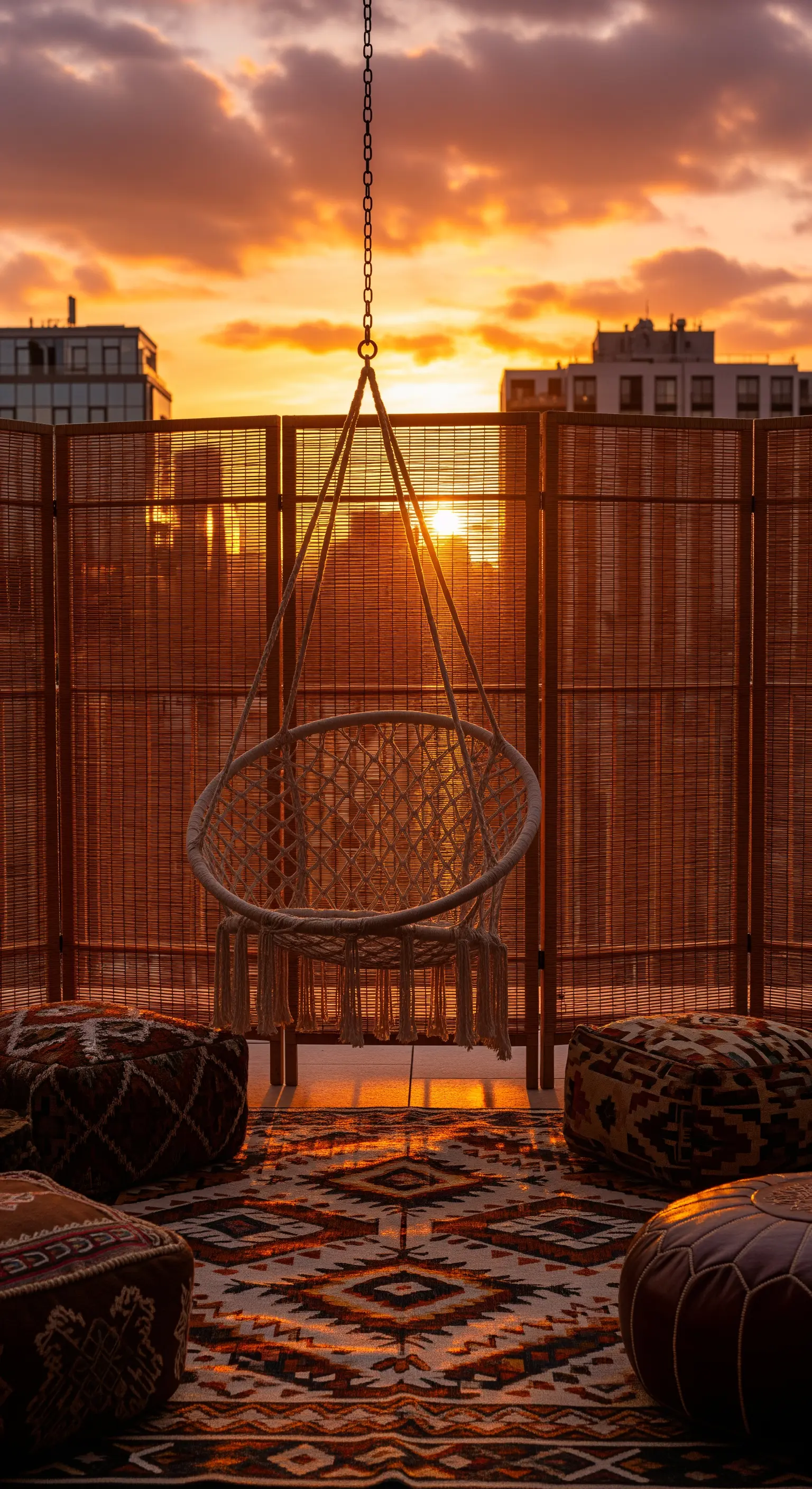 Atmosfera da tramonto su un balcone con sedia in macramè e tappeti etnici.