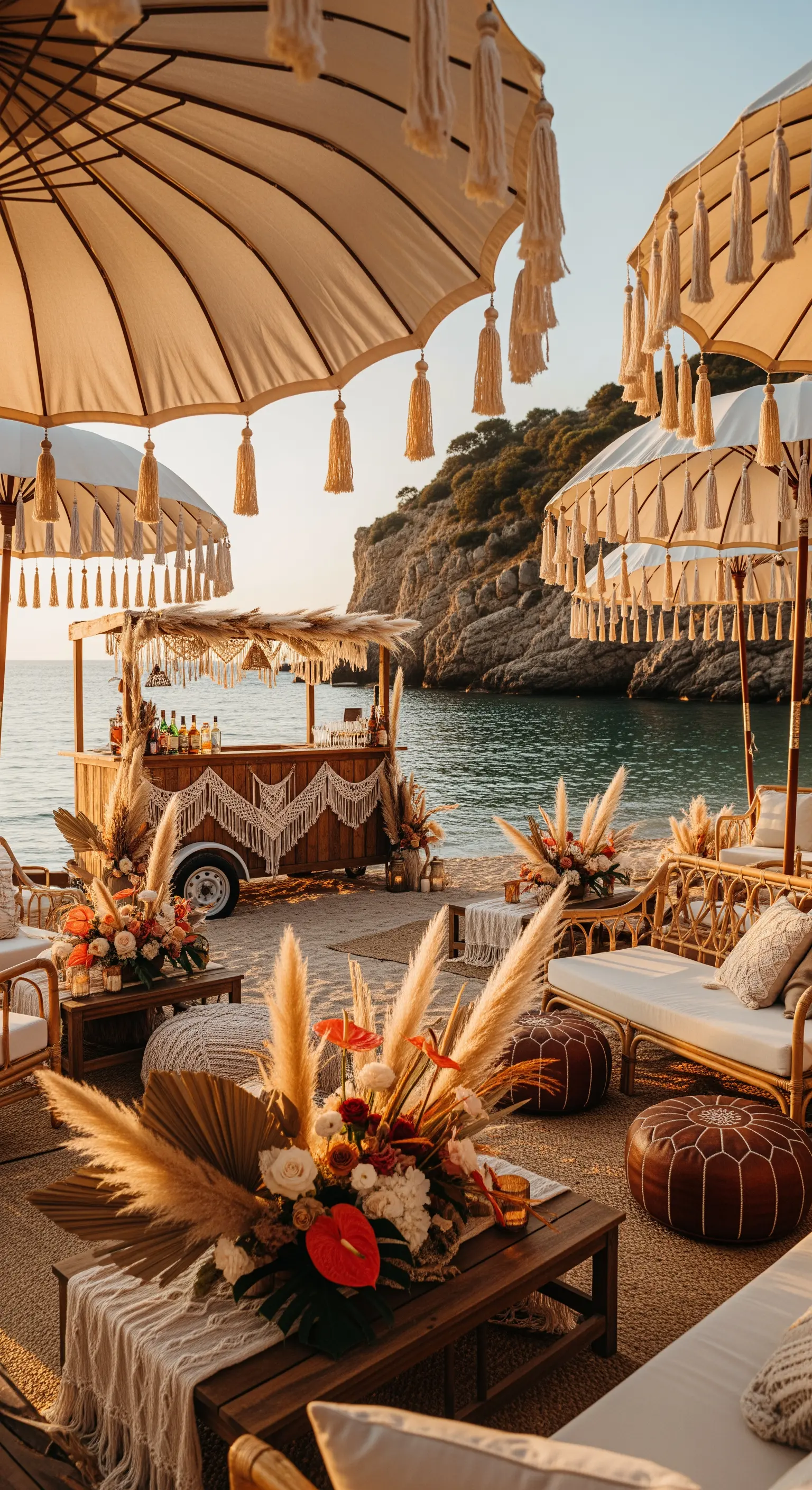 Allestimento boho sulla spiaggia con carretto-bar in legno, arredi in rattan e pampas grass