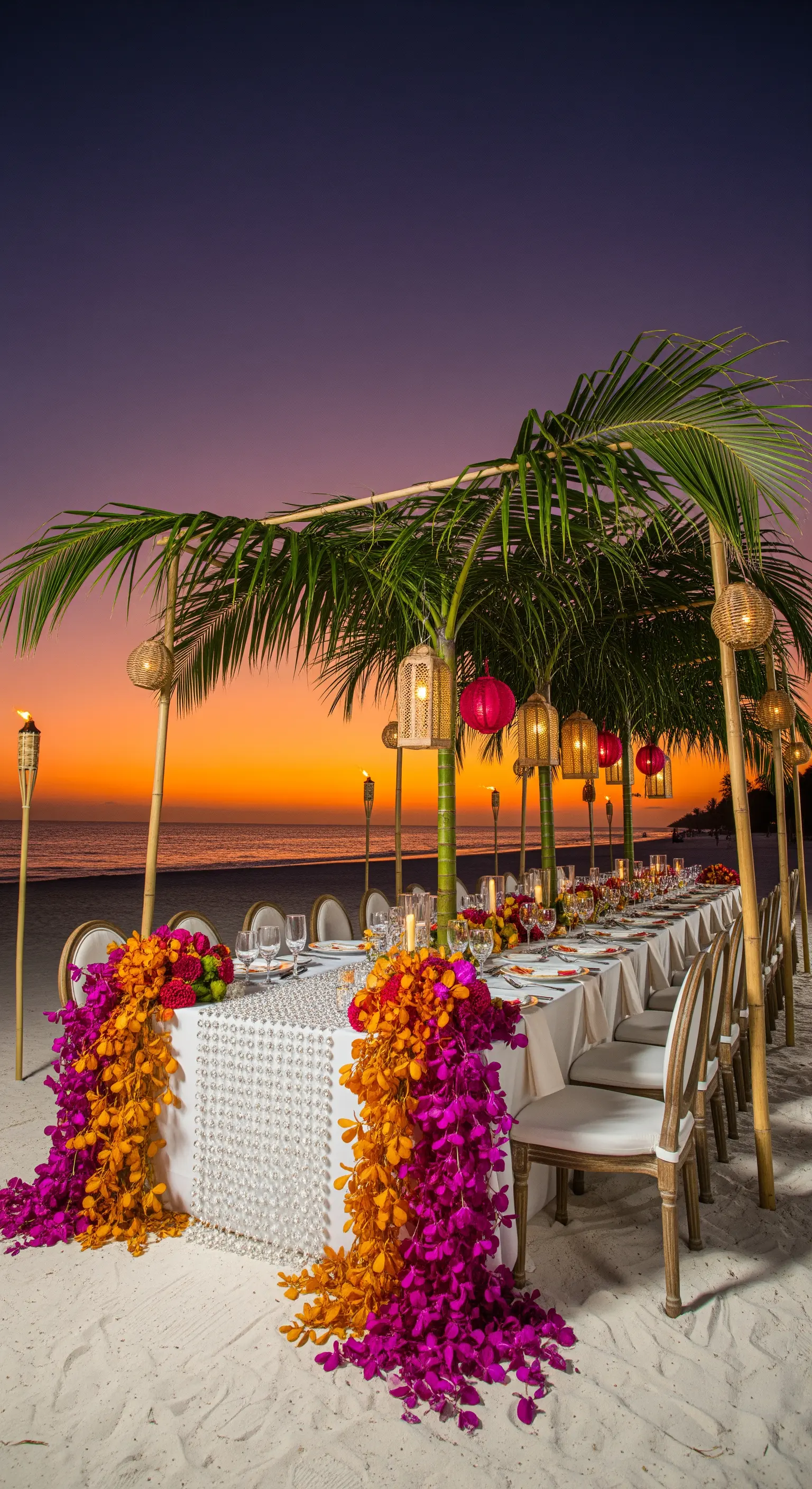 Tavolo sulla spiaggia al tramonto con cascate di orchidee arancioni e fucsia.