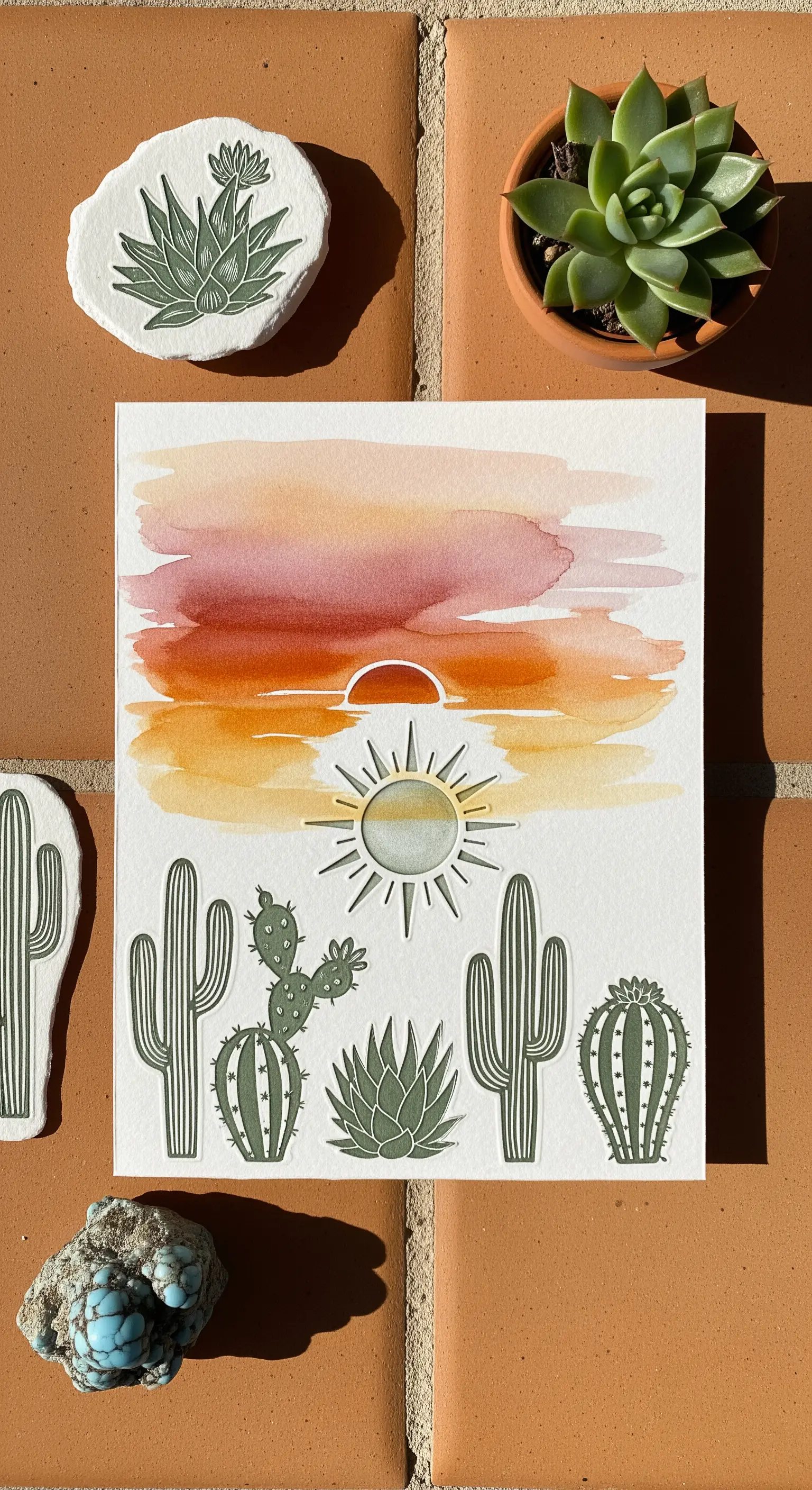 Invito a tema deserto con sfondo ad acquerello e collage di cactus e piante grasse.