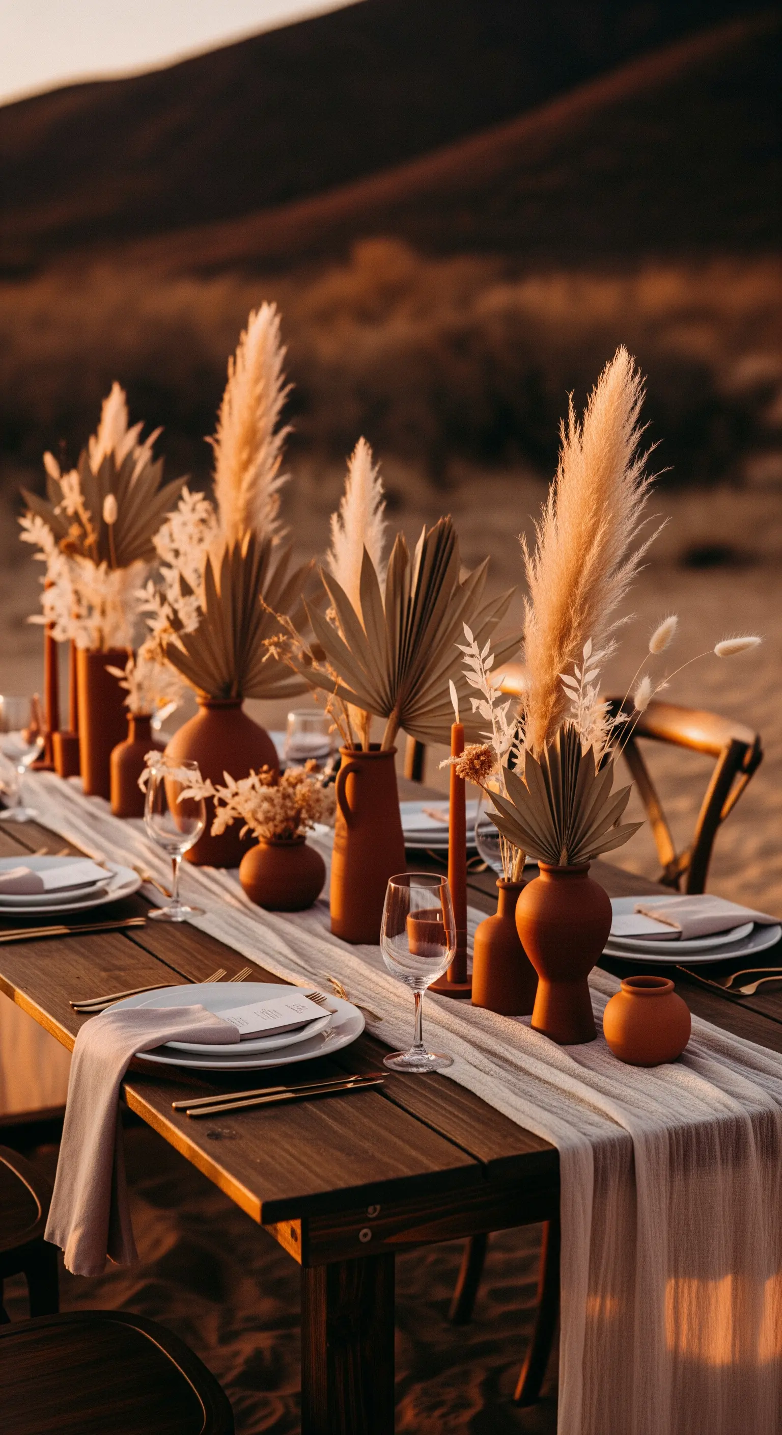 Tavolo nel deserto al tramonto con vasi in terracotta e pampas grass.