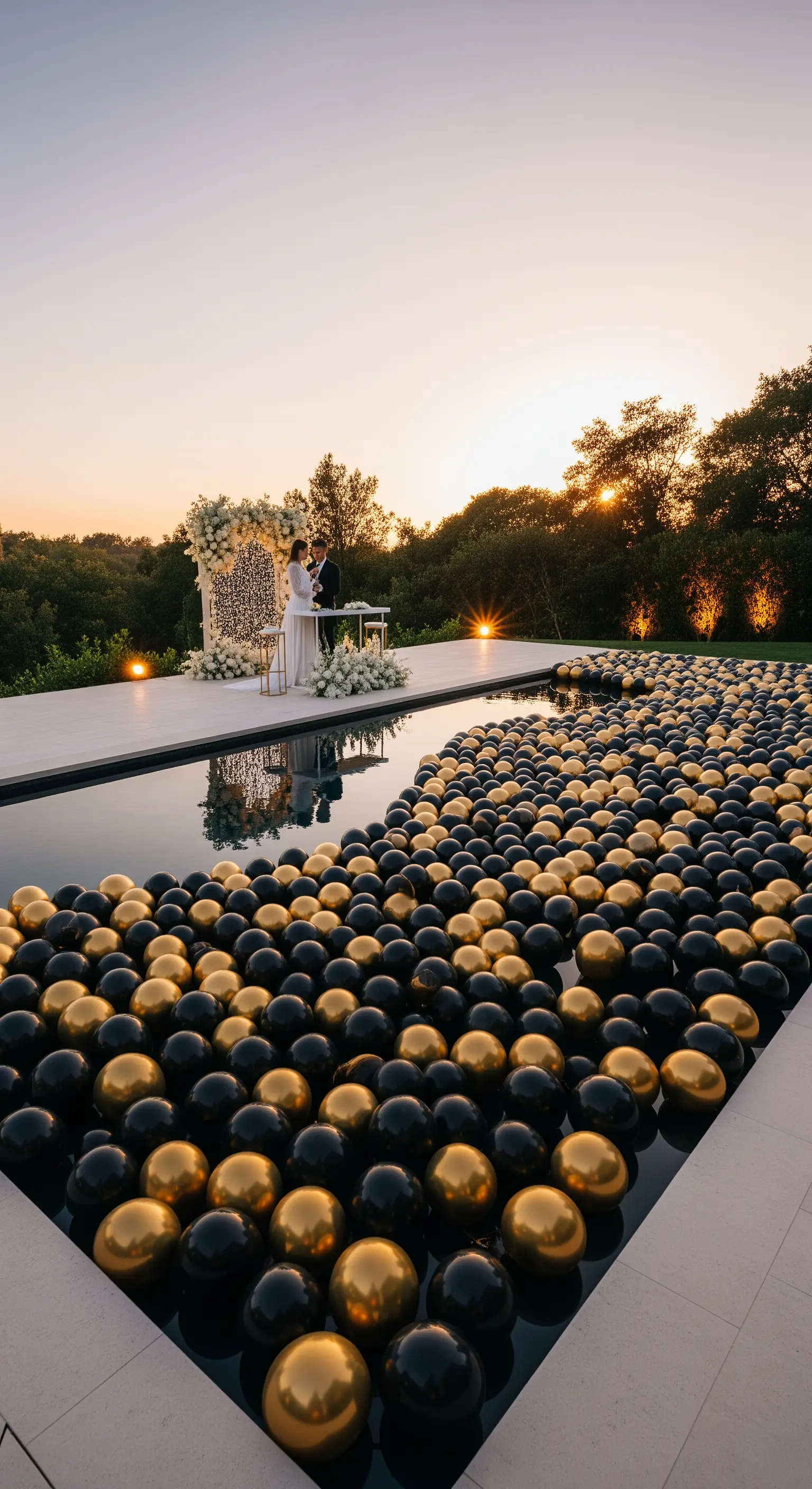 Cerimonia al tramonto a bordo piscina, con centinaia di palloncini neri e oro in acqua.