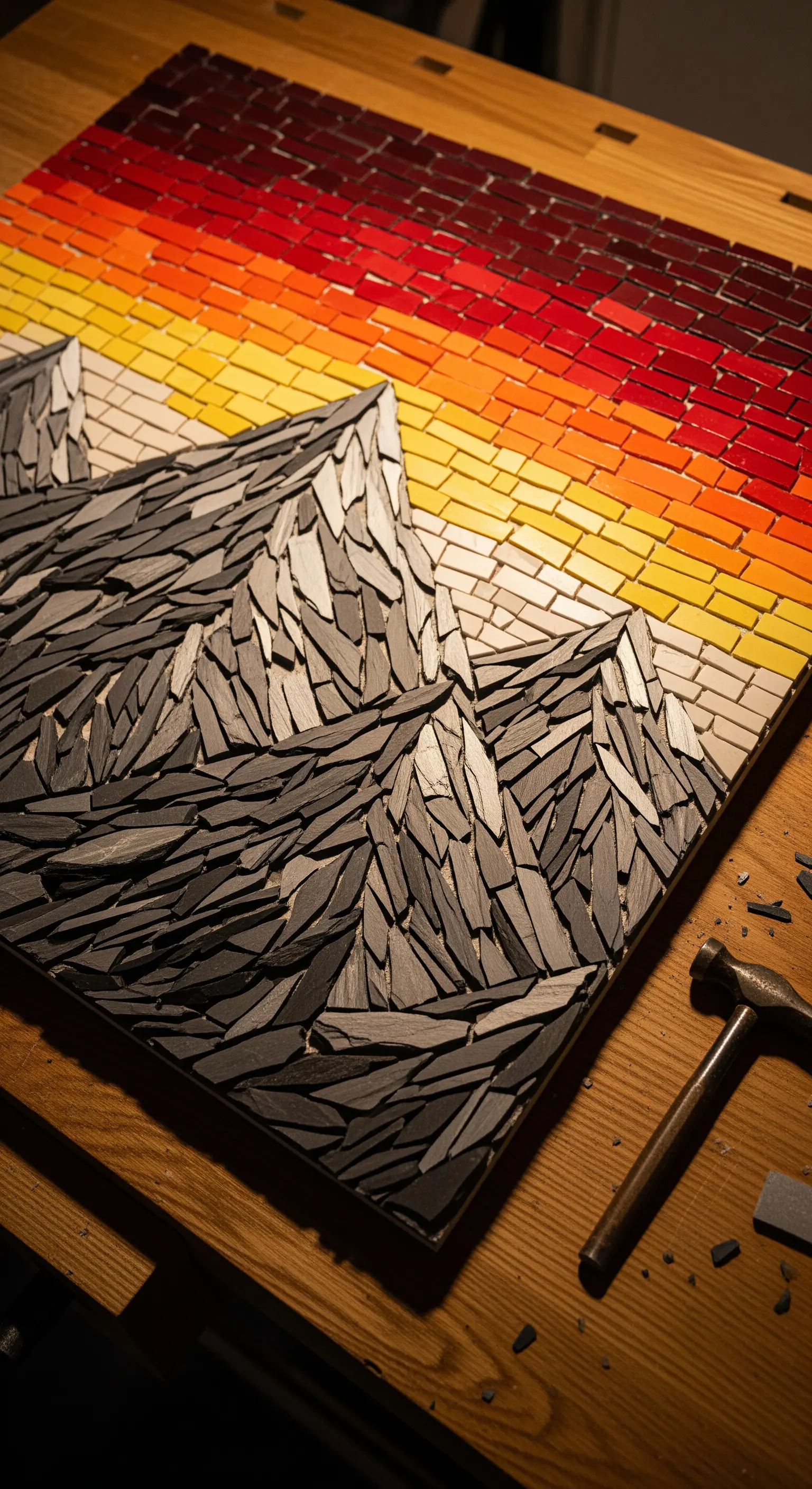 Mosaico di un paesaggio montano al tramonto, con cielo sfumato e rocce grigie aguzze.