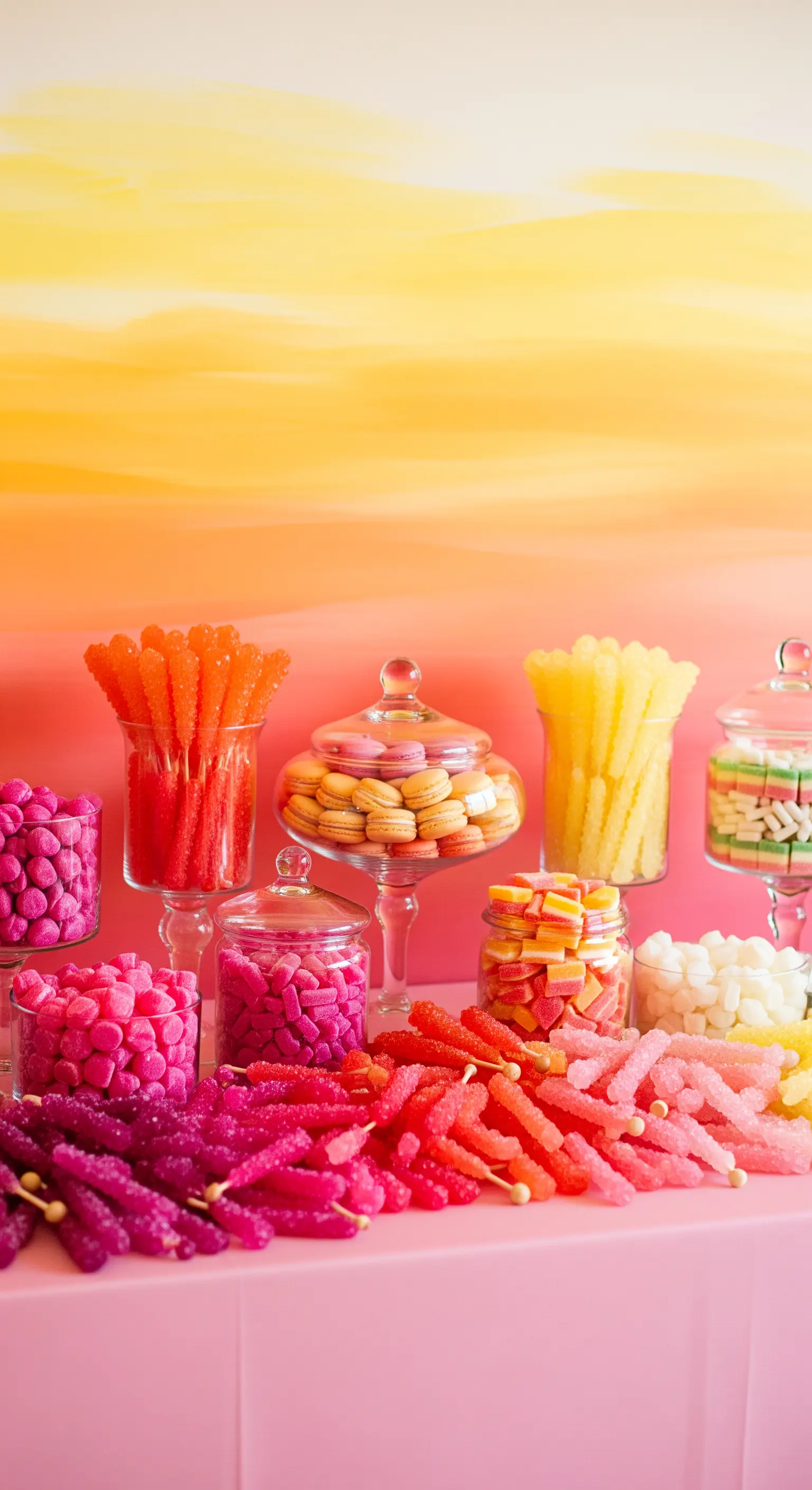 Candy bar con effetto ombré nei toni del rosa, arancione e giallo su sfondo sfumato