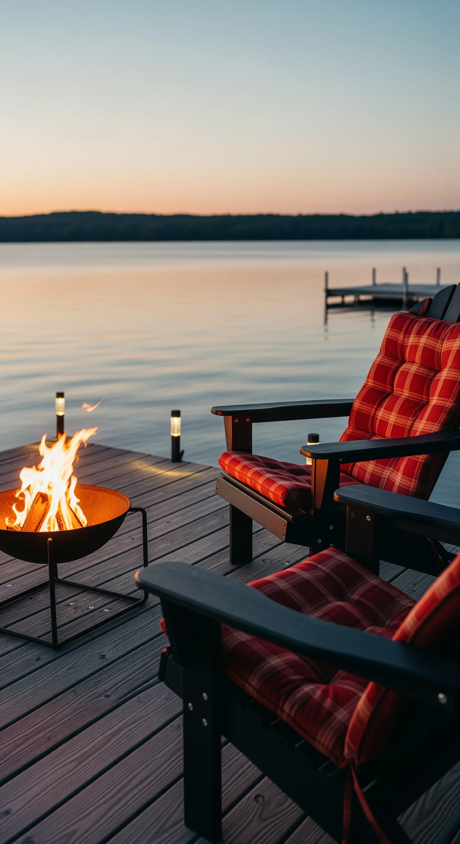 Sedie Adirondack con cuscini scozzesi e un braciere su un molo al tramonto sul lago.