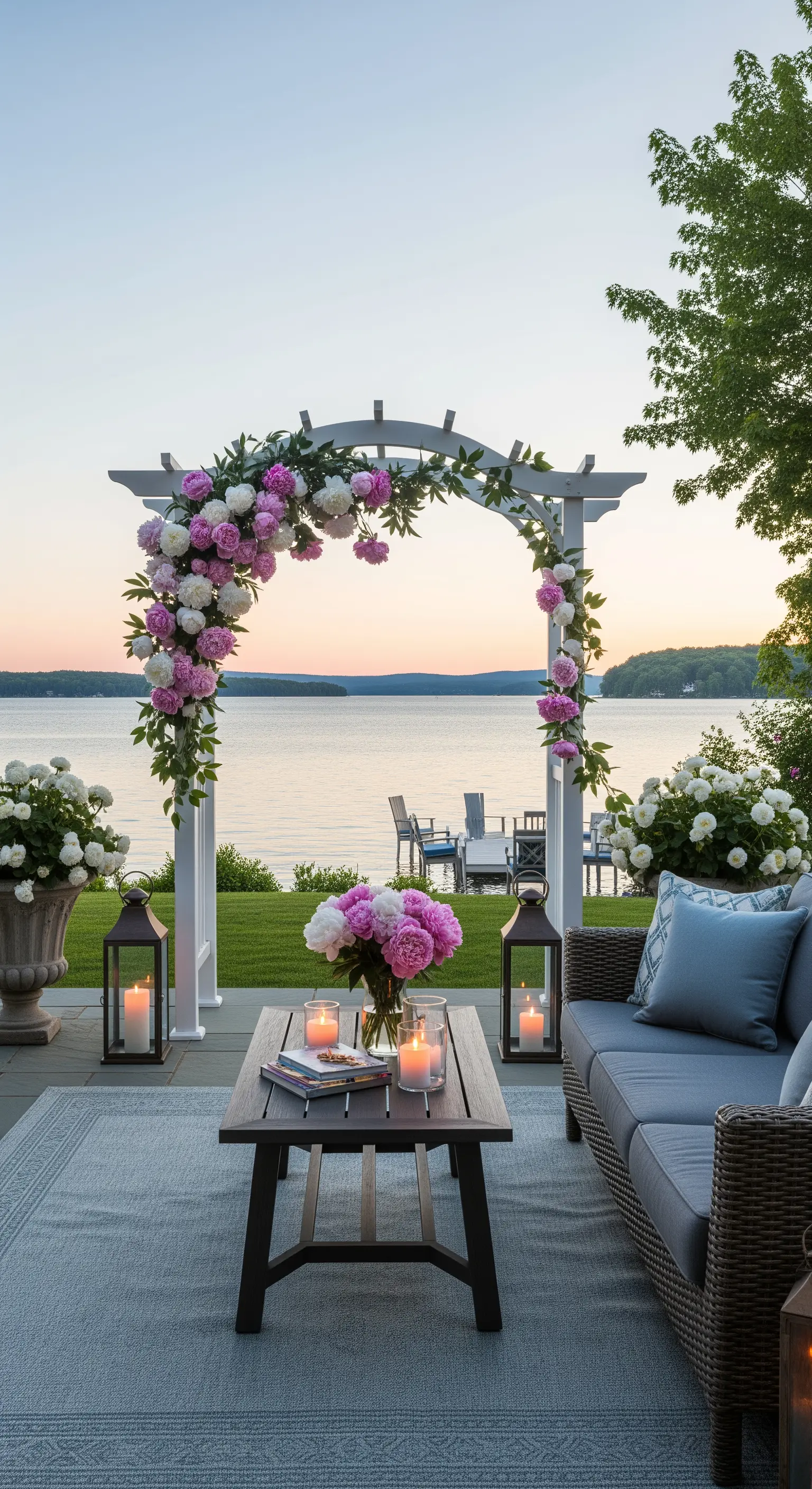 Patio sul lago con pergolato bianco decorato con peonie e un divano moderno.