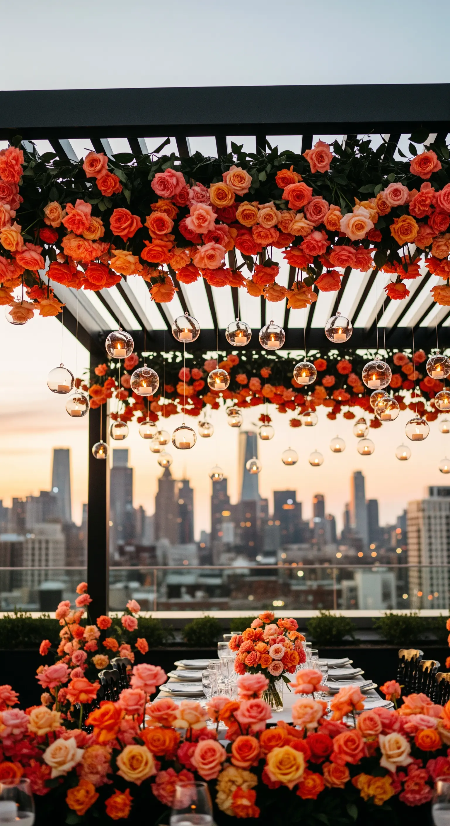 Pergolato su un tetto coperto di rose arancioni e rosa con candele sospese; sullo sfondo lo skyline.