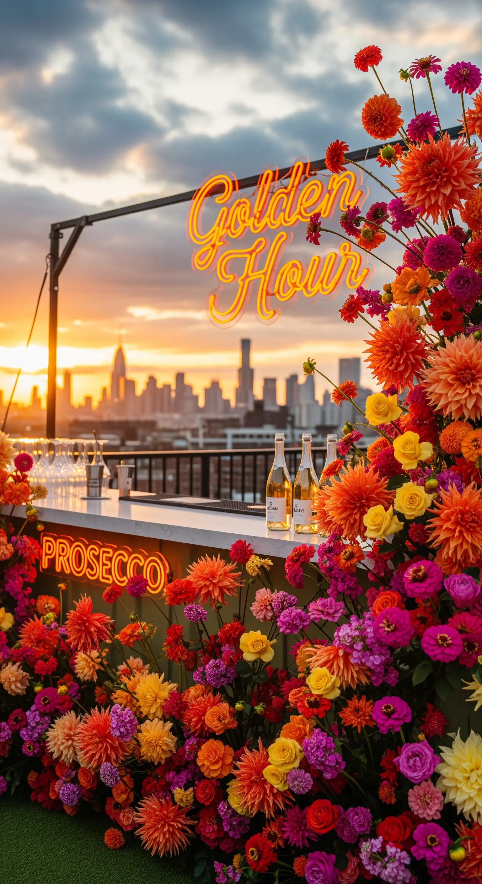 Bar su una terrazza al tramonto con fiori colorati e insegna 