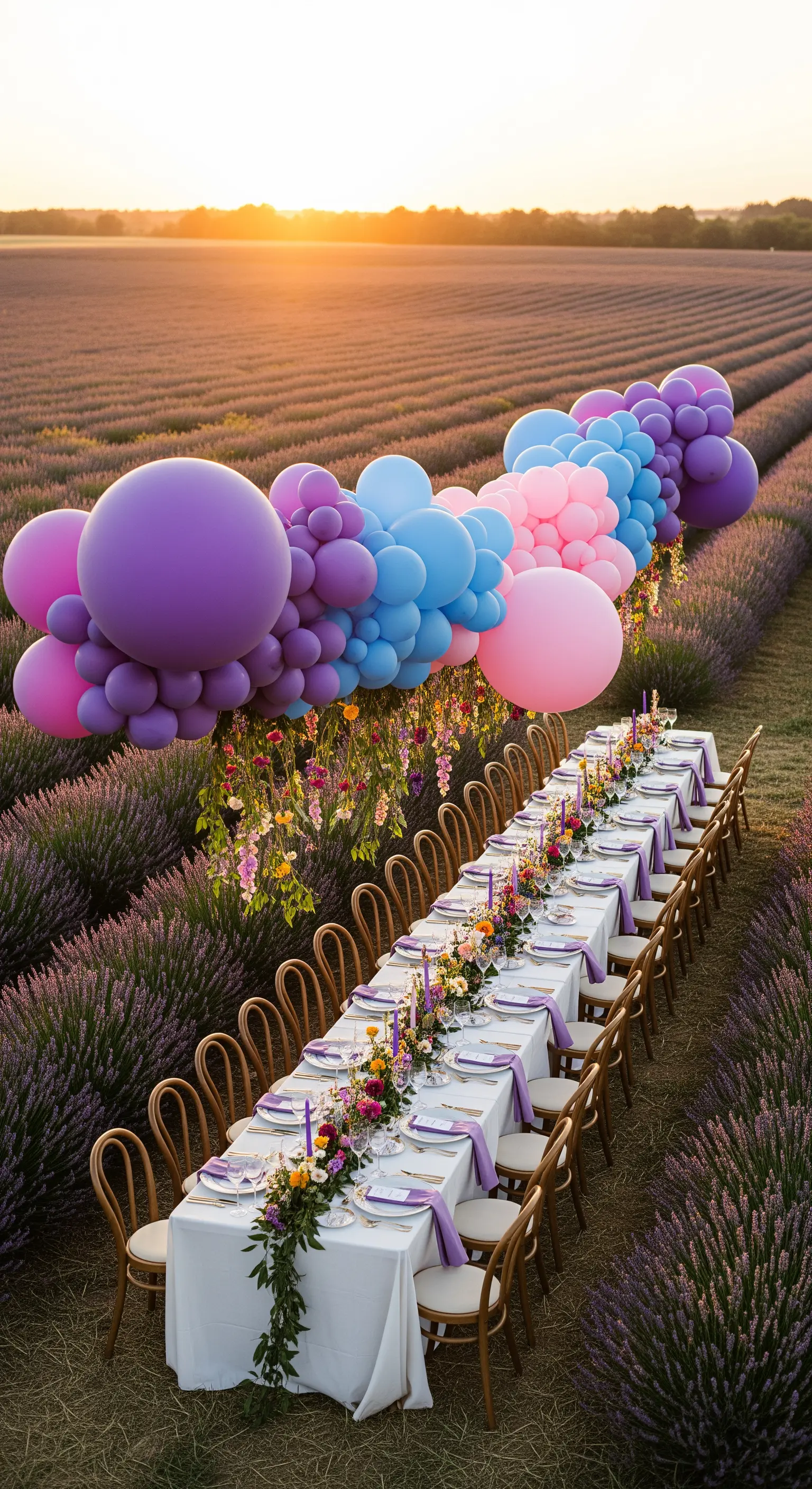 Lunga tavolata in un campo di lavanda con una scultura di palloncini viola e rosa sospesa.