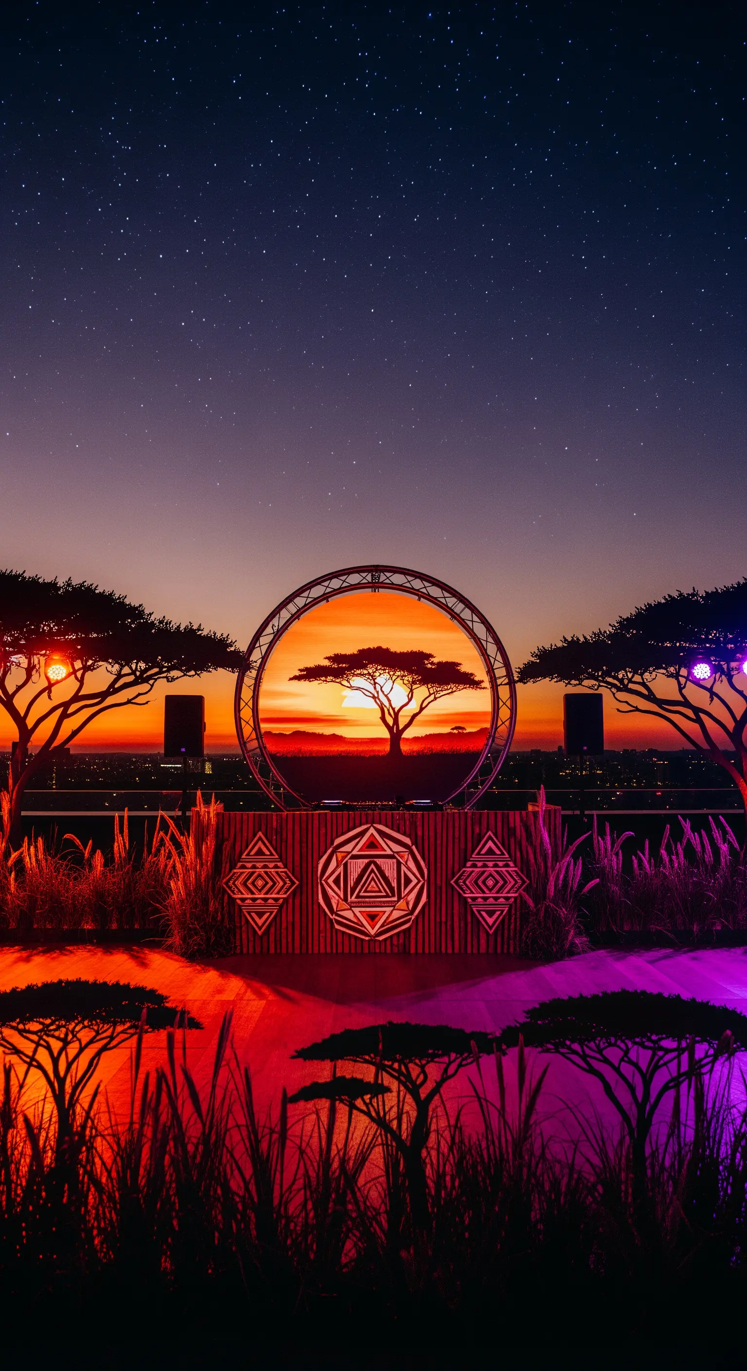 DJ booth con uno schermo circolare che mostra un tramonto africano al crepuscolo.