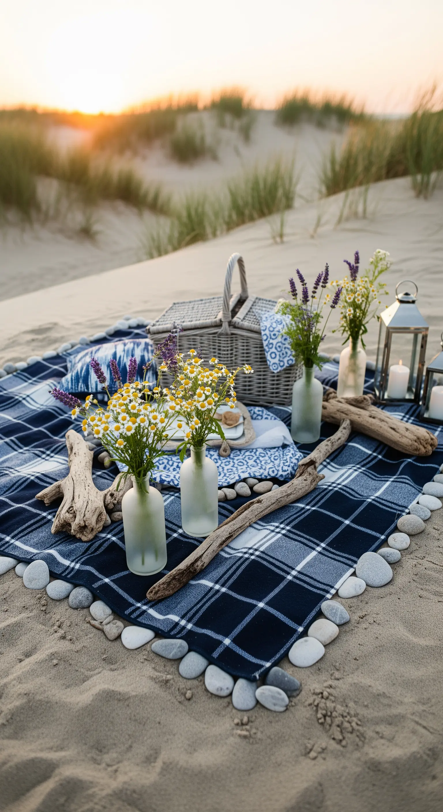 Picnic sulla spiaggia al tramonto con coperta a quadri blu, lanterne e fiori di campo