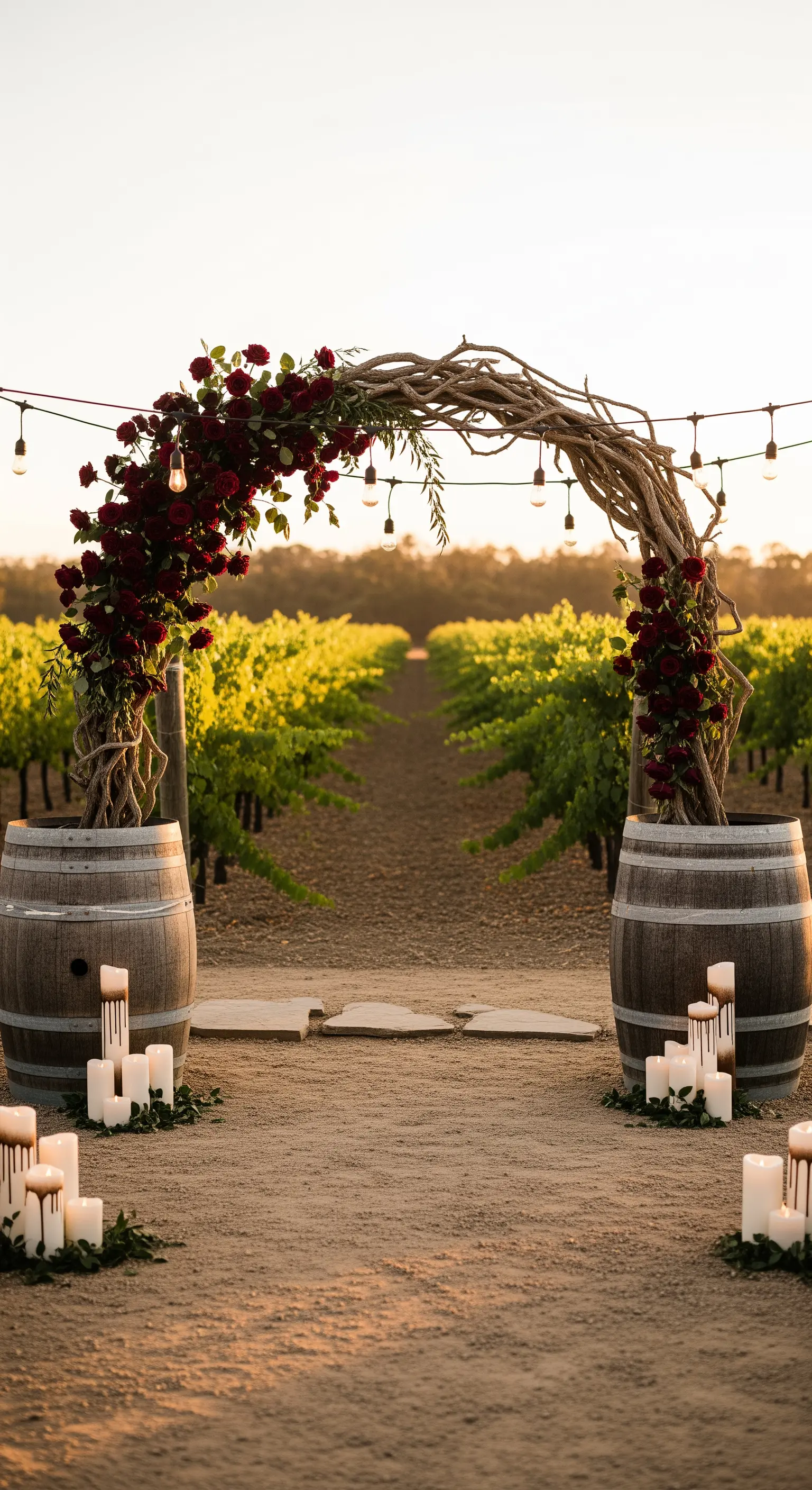 Arco di tralci di vite e rose rosse tra i filari di un vigneto, con luci Edison.