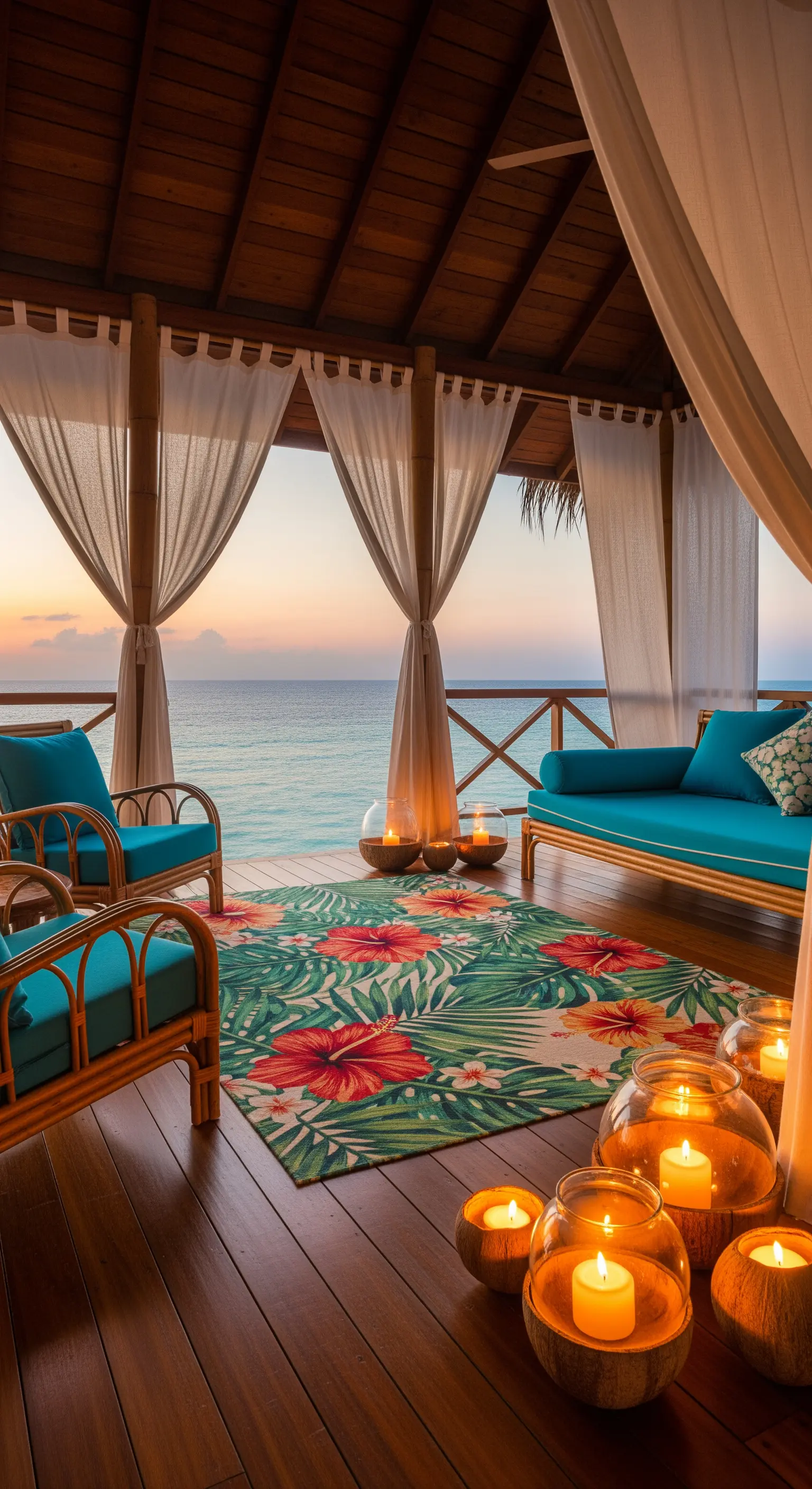 Veranda tropicale fronte mare con mobili in bambù, tappeto a tema ibisco e candele.