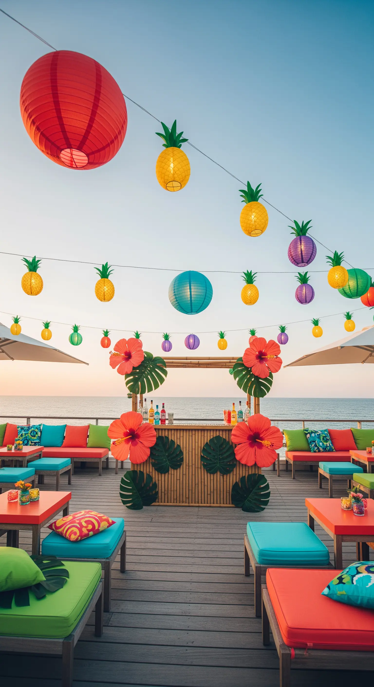 Bar tropicale su una terrazza vista mare con lanterne a forma di ananas e cuscini colorati.