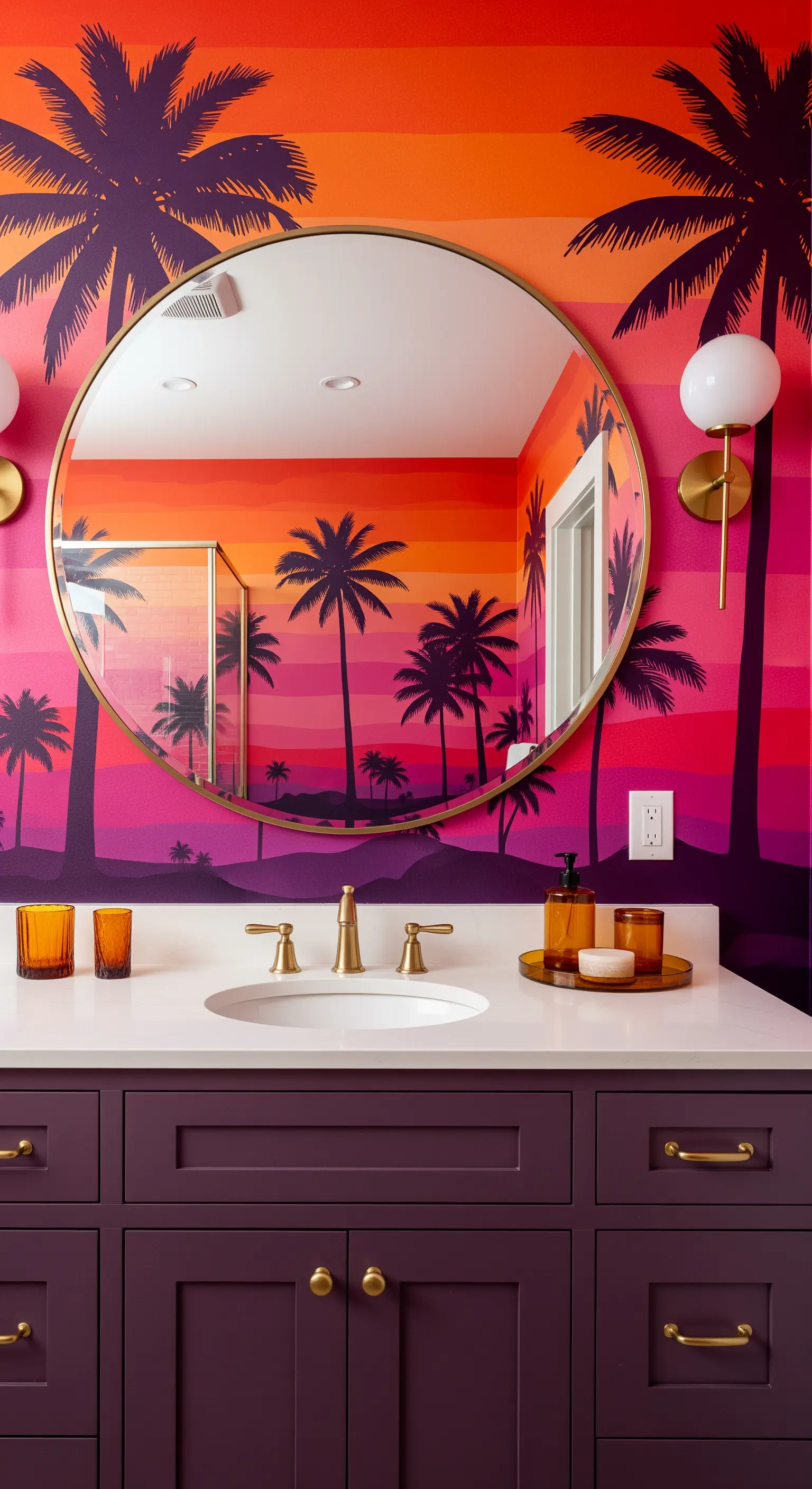 Bagno con murale di palme al tramonto, mobile viola scuro e dettagli in ottone.