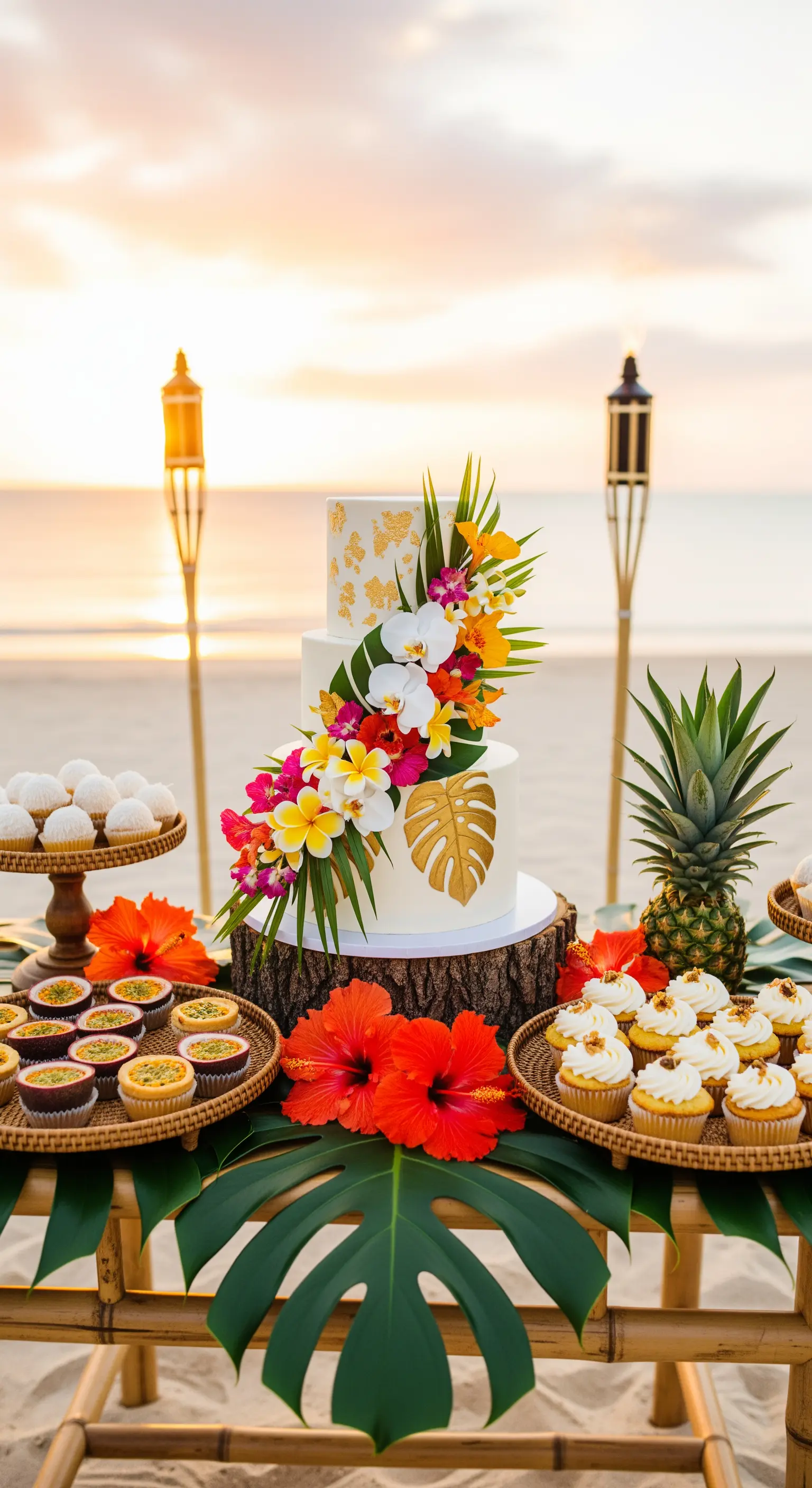Torta nuziale a tema tropicale sulla spiaggia al tramonto, con fiori esotici e torce tiki.