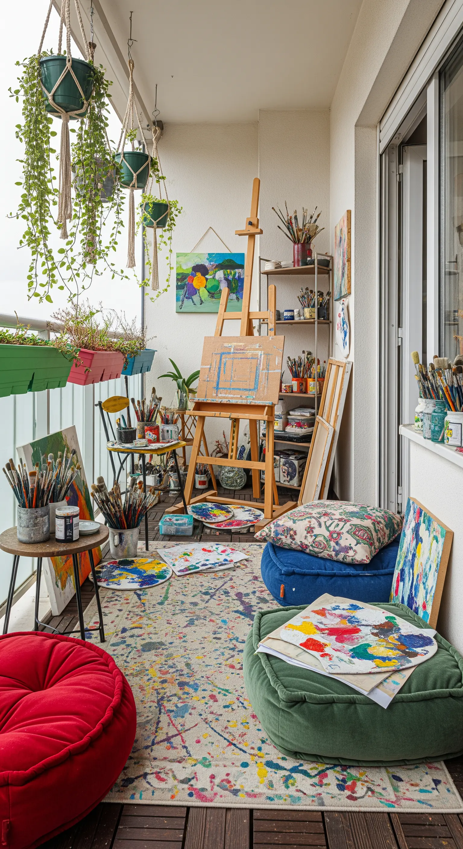 Balcone allestito come uno studio d'artista, con cavalletto, colori, tele e cuscini da pavimento.